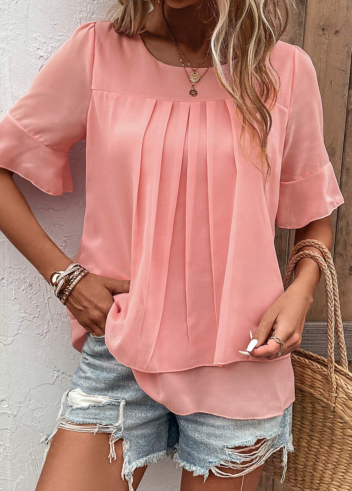 Pink tops,Plain Color tops,Layered Pink Round Neck Short Sleeve Blouse