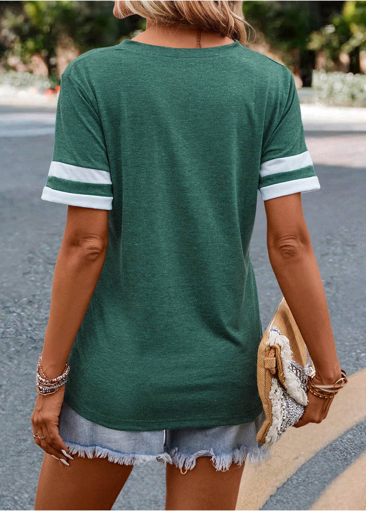 Green tops,Plain Color tops,Patchwork Green V Neck Short Sleeve T Shirt