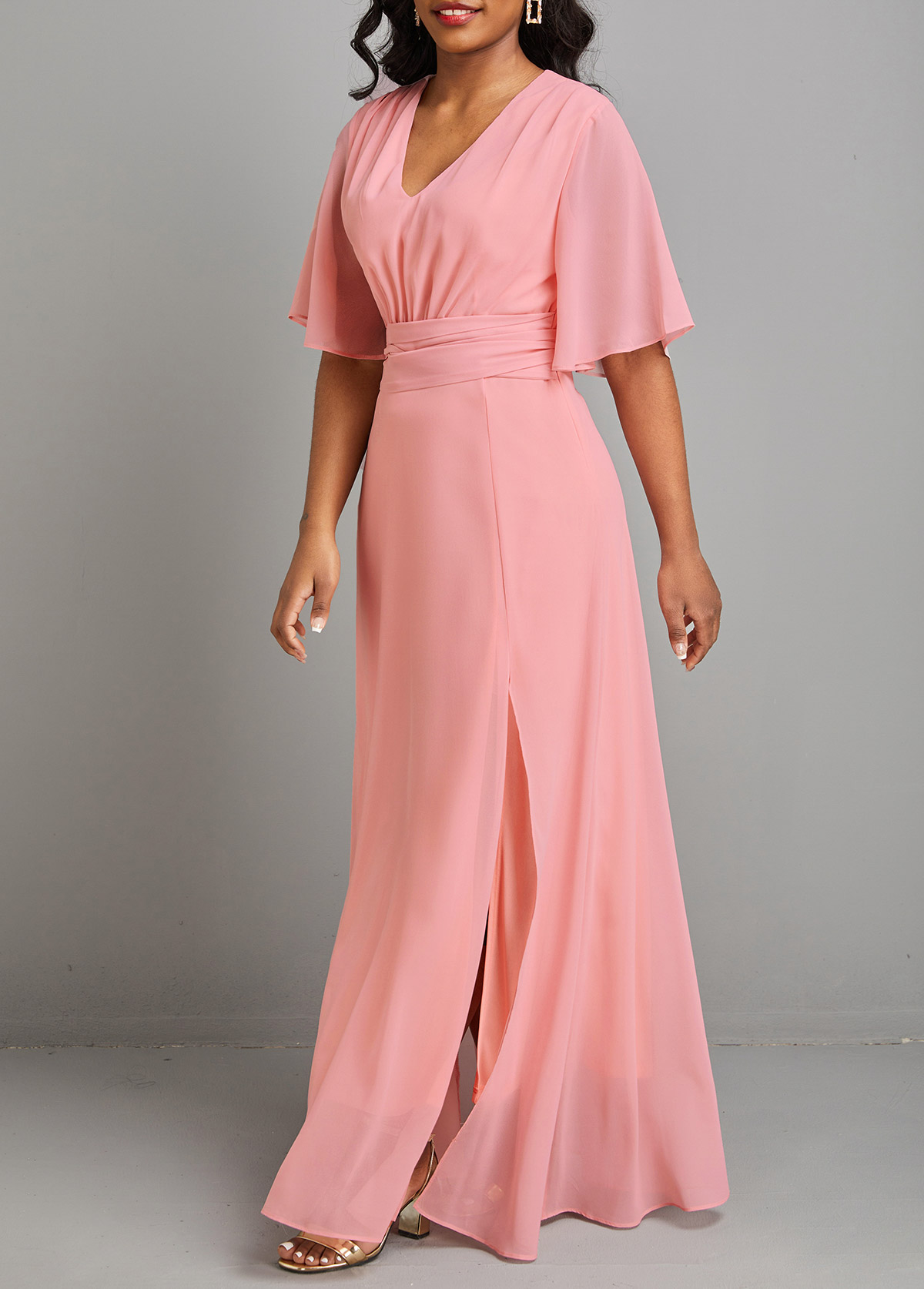 Pink dresses,Plain Color dresses,Split Pink V Neck Short Sleeve Maxi Dress
