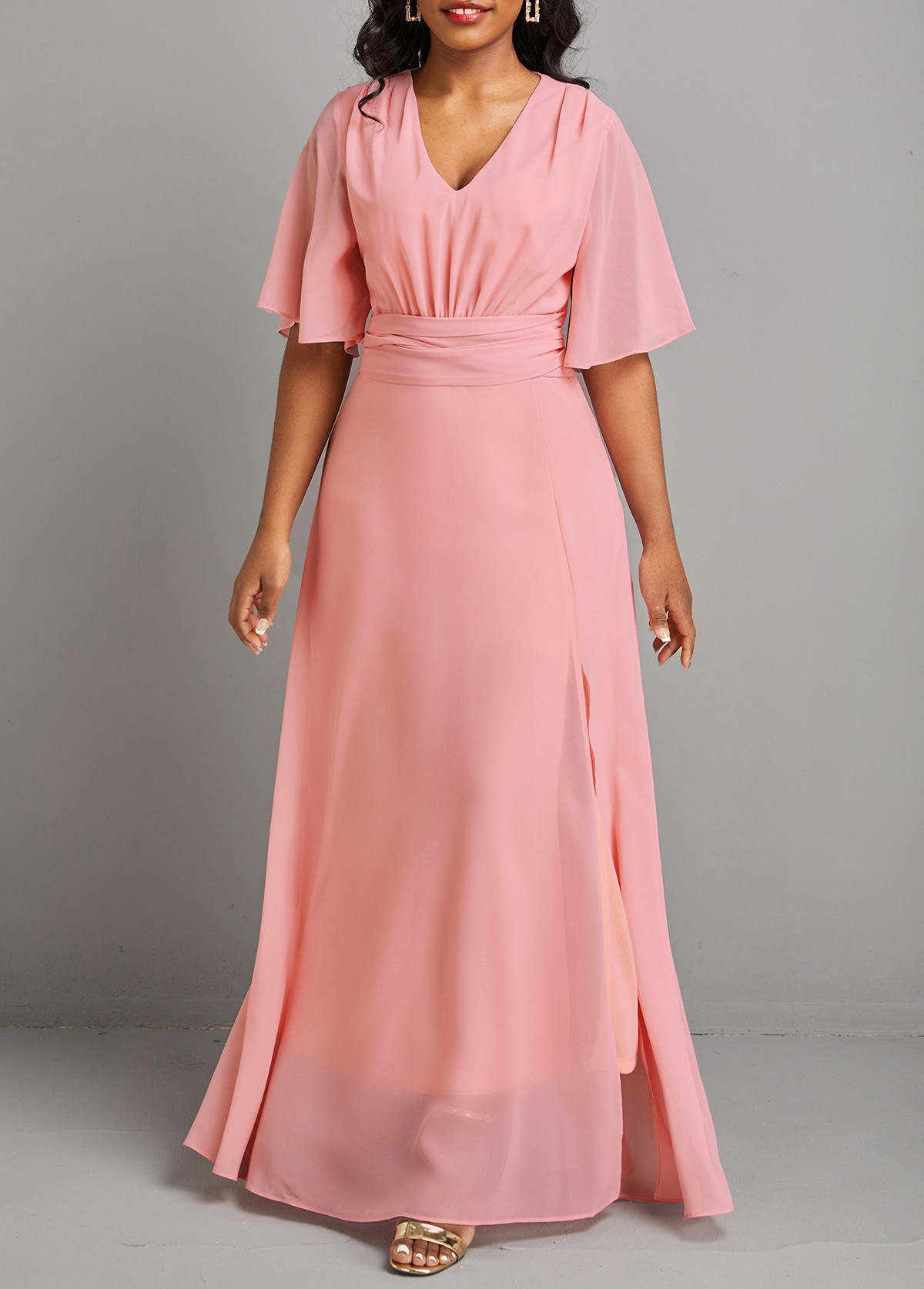 Pink dresses,Plain Color dresses,Split Pink V Neck Short Sleeve Maxi Dress
