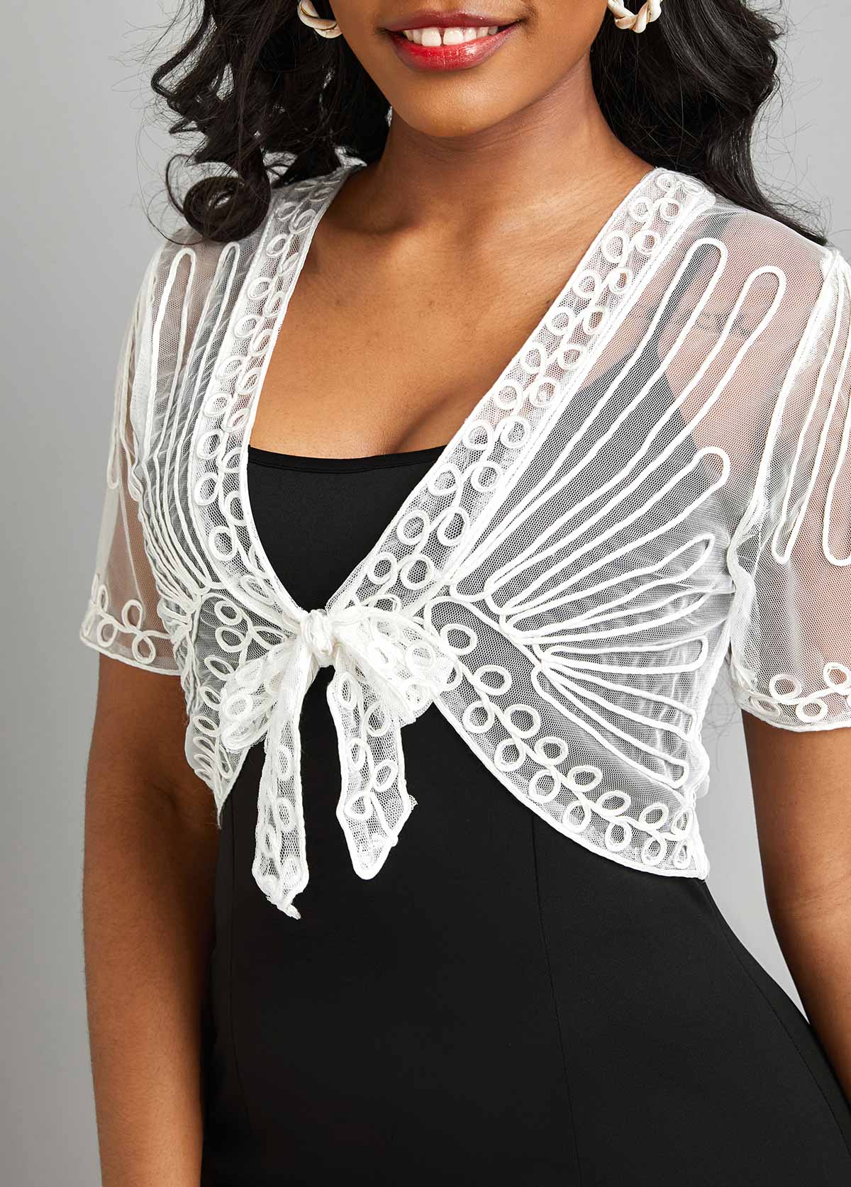 White outerwear & coats,Plain Color outerwear & coats,Mesh White V Neck Short Sleeve Coat