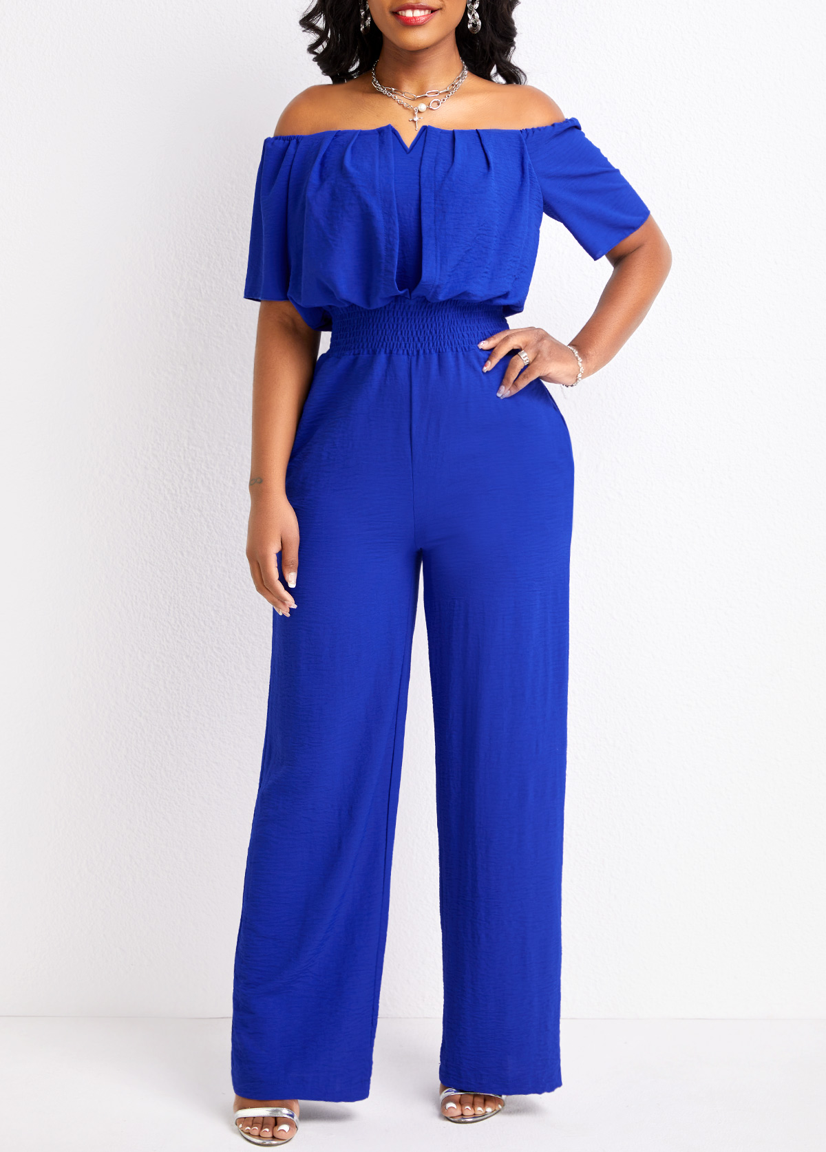 Royal Blue jumpsuits & rompers,Plain Color jumpsuits & rompers,Smocked Royal Blue Long Regular Off Shoulder Jumpsuit