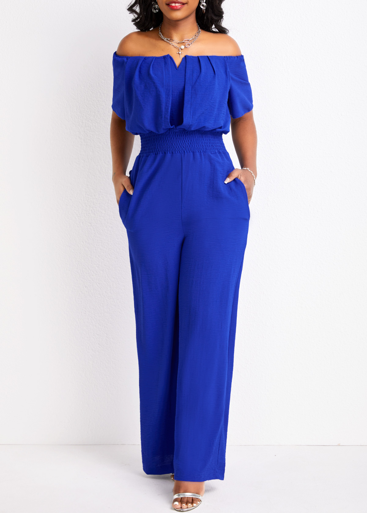Royal Blue jumpsuits & rompers,Plain Color jumpsuits & rompers,Smocked Royal Blue Long Regular Off Shoulder Jumpsuit