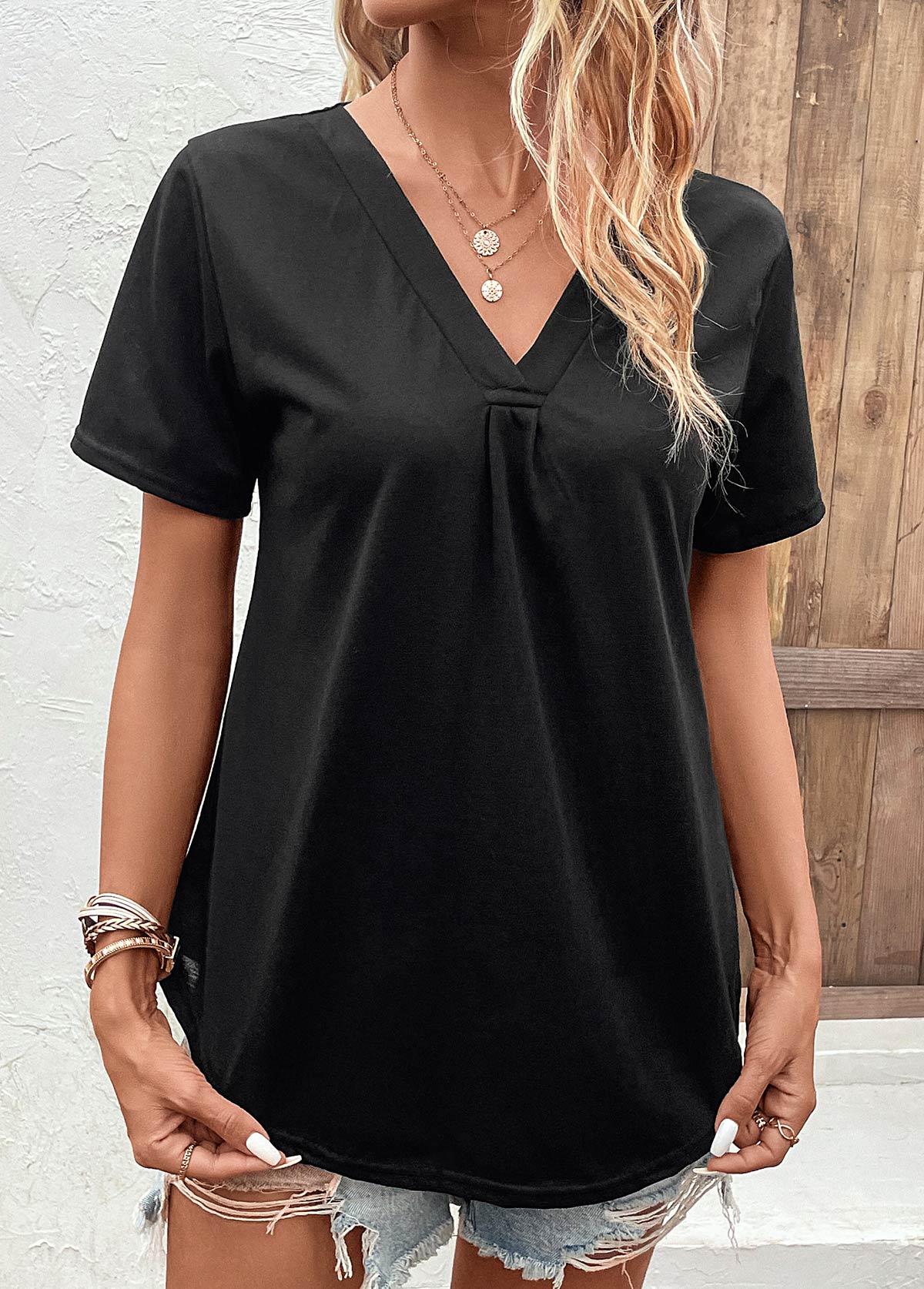 Black tops,Plain Color tops,Black V Neck Short Sleeve T Shirt