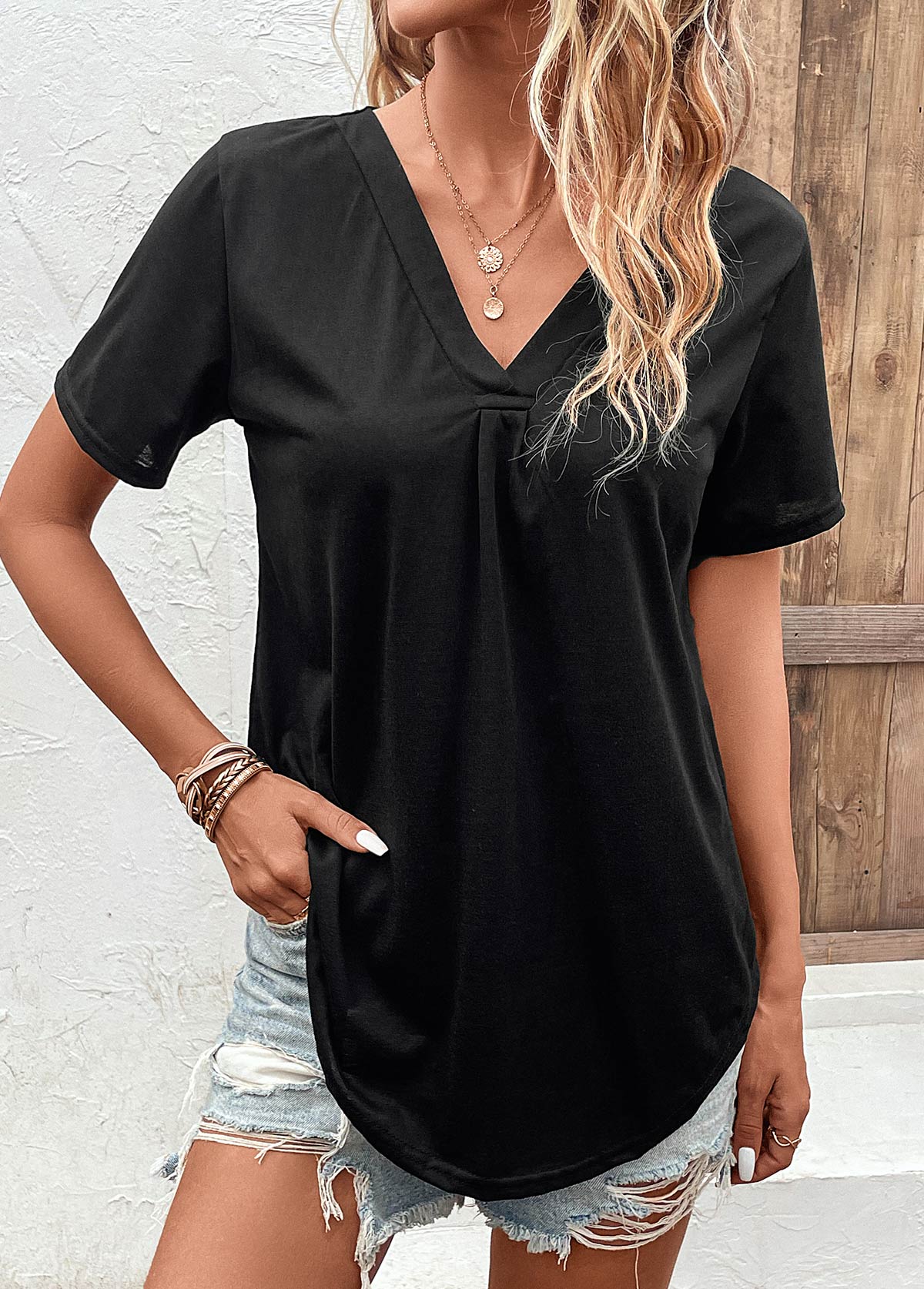 Black tops,Plain Color tops,Black V Neck Short Sleeve T Shirt