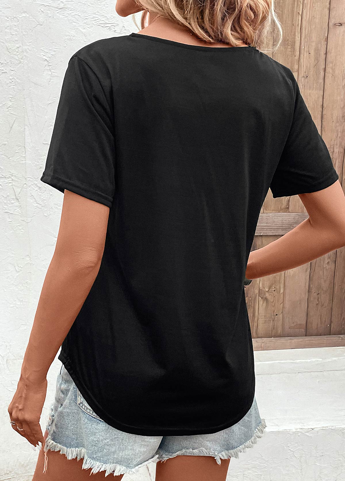 Black tops,Plain Color tops,Black V Neck Short Sleeve T Shirt