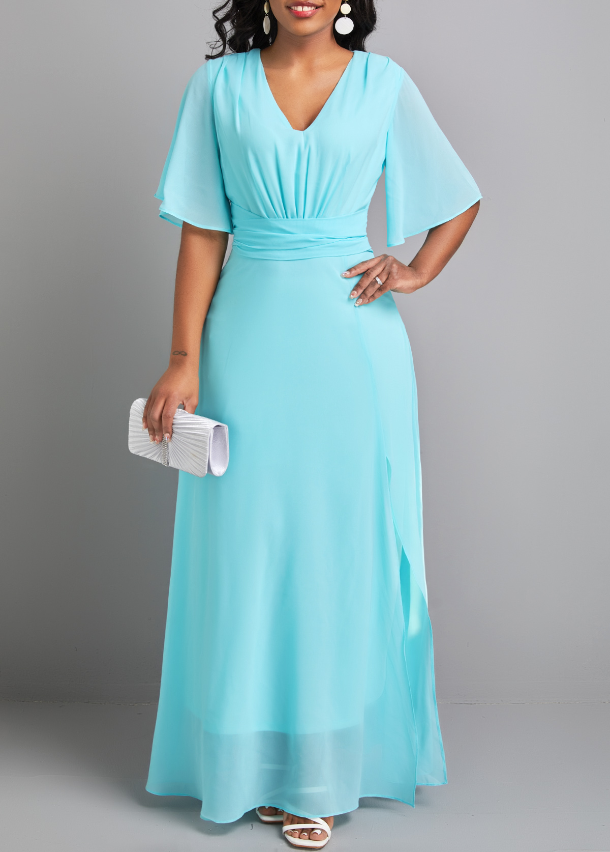 Neon Blue dresses,Plain Color dresses,Bowknot Neon Blue V Neck Maxi Dress
