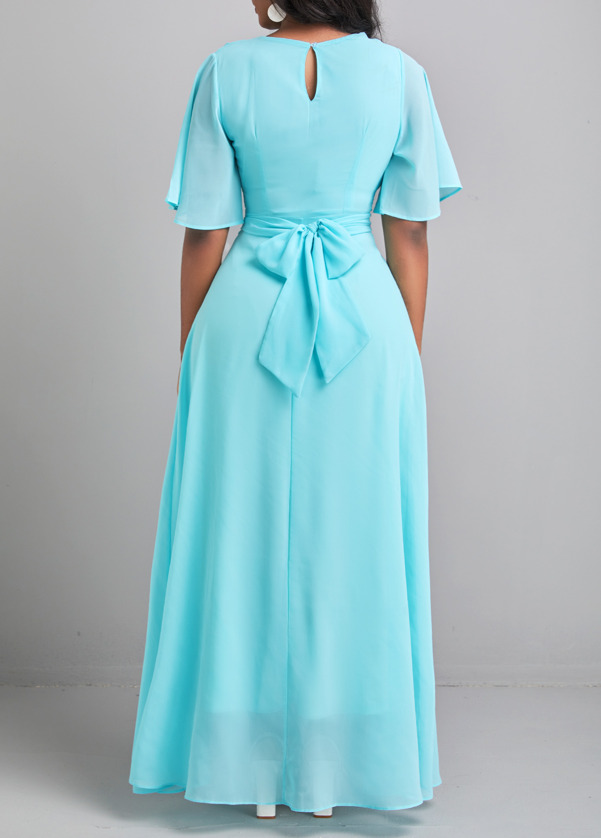 Neon Blue dresses,Plain Color dresses,Bowknot Neon Blue V Neck Maxi Dress