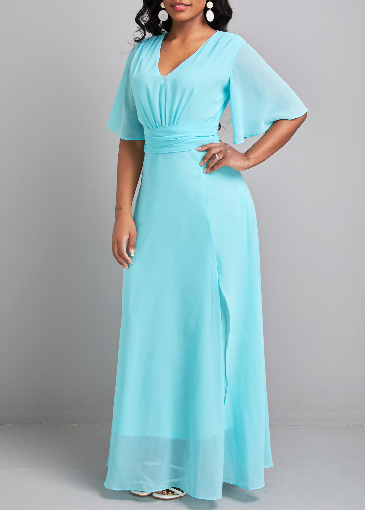 Neon Blue dresses,Plain Color dresses,Bowknot Neon Blue V Neck Maxi Dress