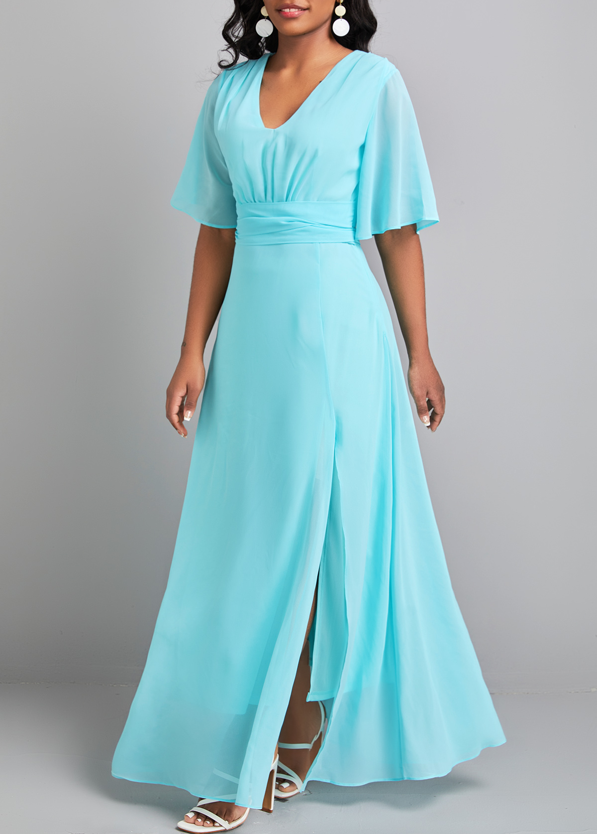 Neon Blue dresses,Plain Color dresses,Bowknot Neon Blue V Neck Maxi Dress