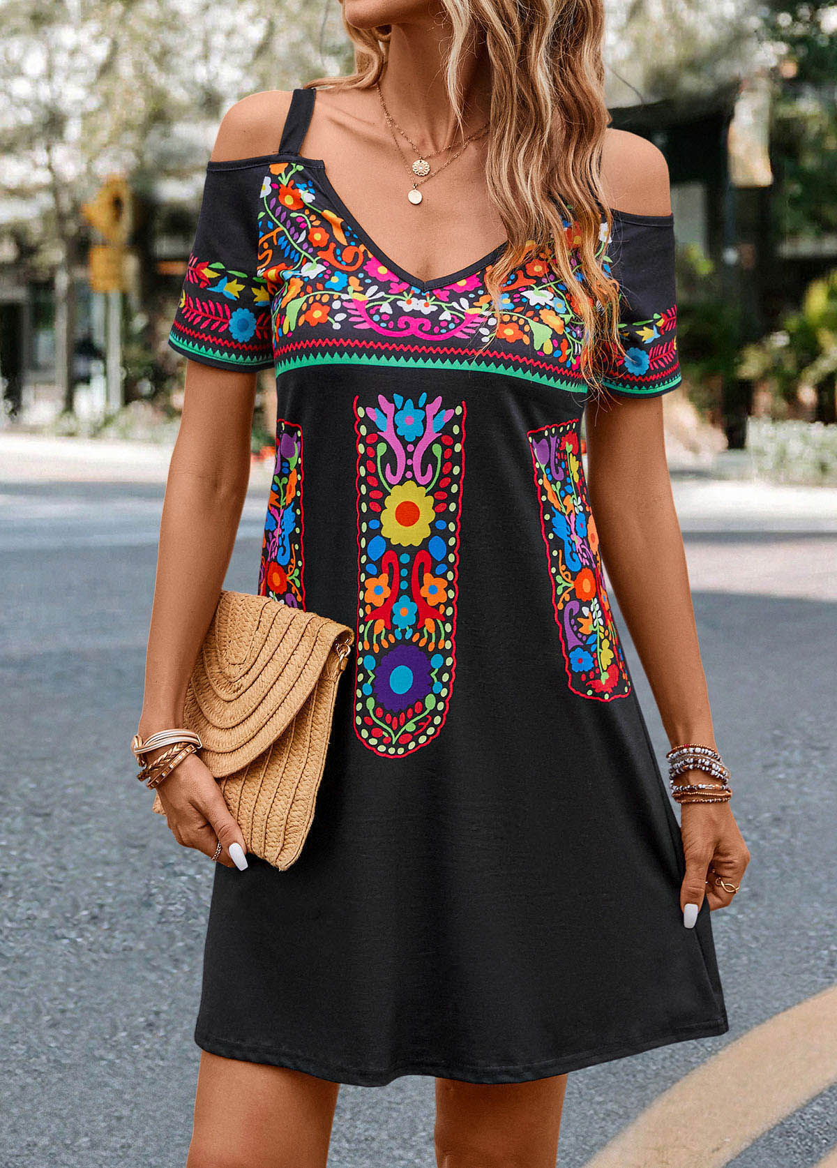 Black dresses,Tribal dresses,Cut Out Tribal Print Black Short Dress