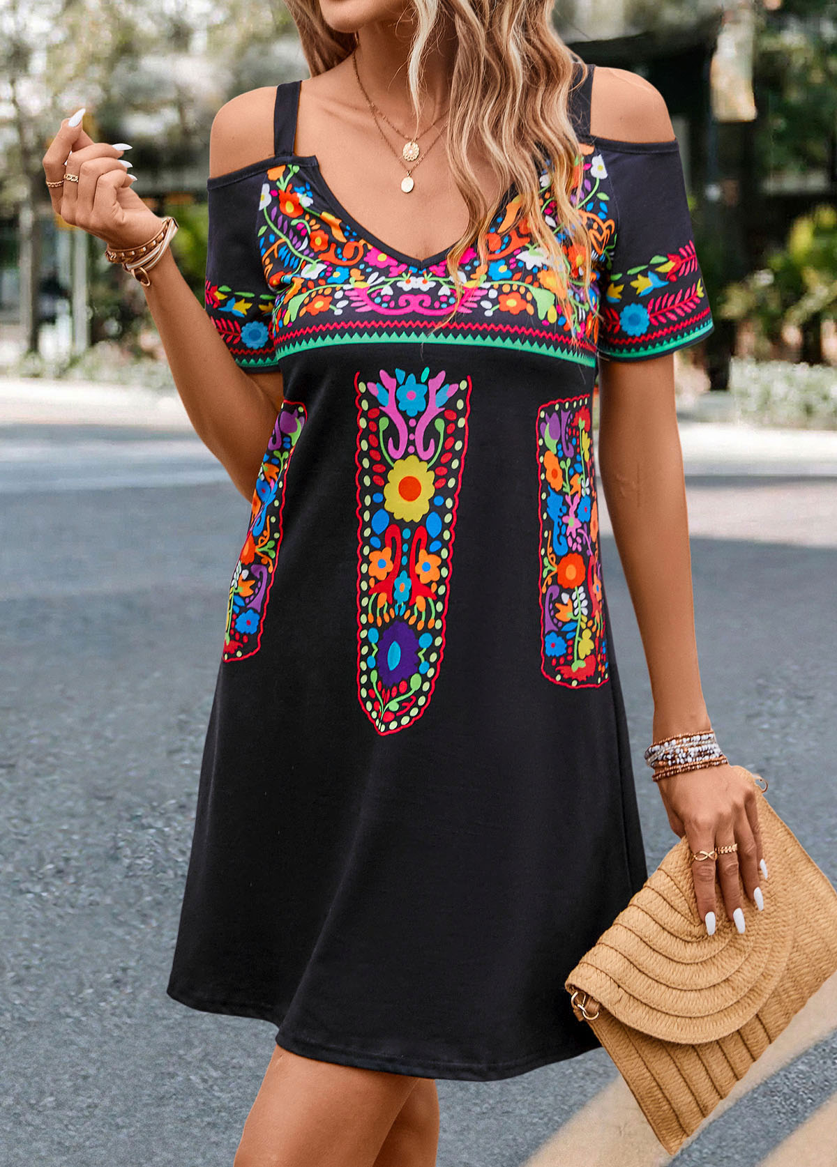 Black dresses,Tribal dresses,Cut Out Tribal Print Black Short Dress