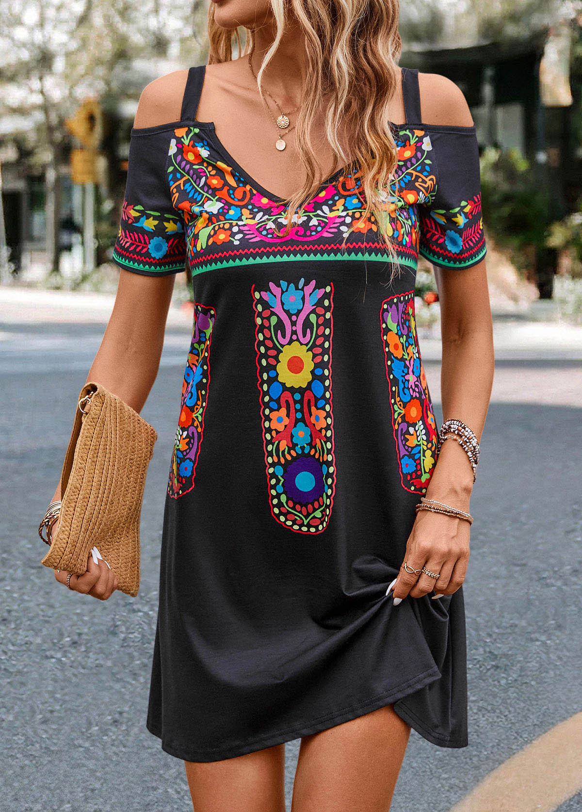 Black dresses,Tribal dresses,Cut Out Tribal Print Black Short Dress