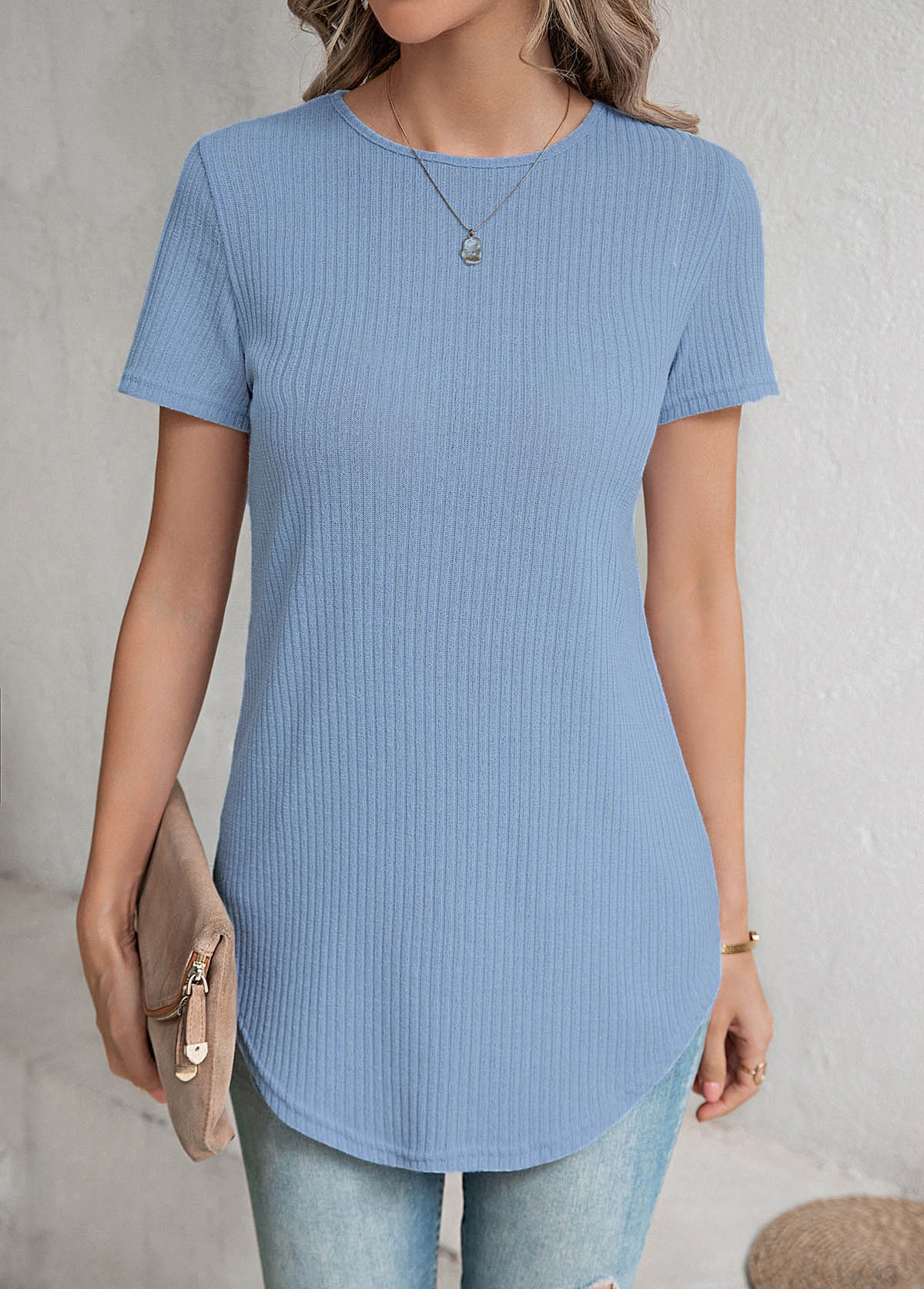 Dusty Blue tops,Plain Color tops,Button Detail Dusty Blue Round Neck T Shirt