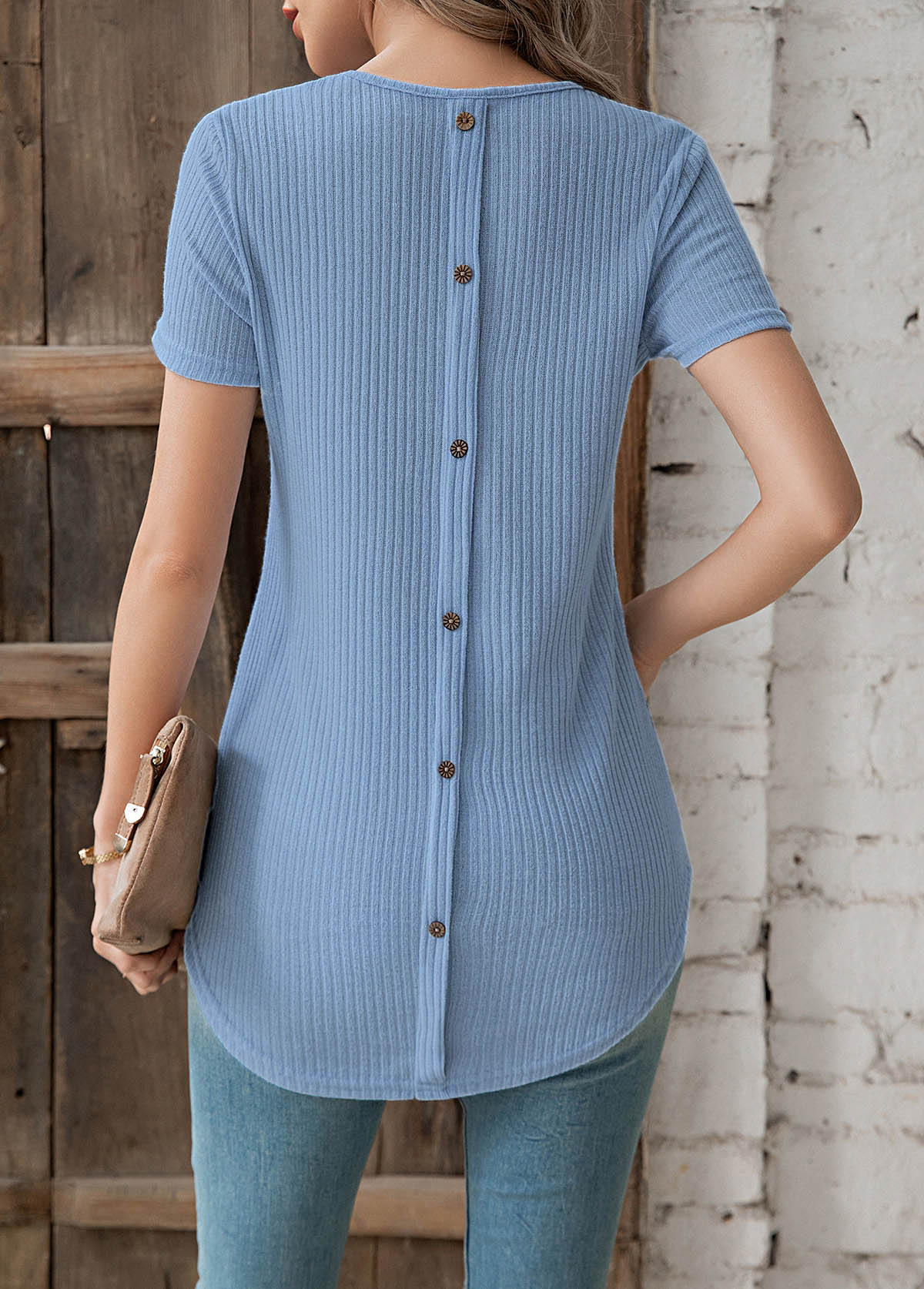Dusty Blue tops,Plain Color tops,Button Detail Dusty Blue Round Neck T Shirt