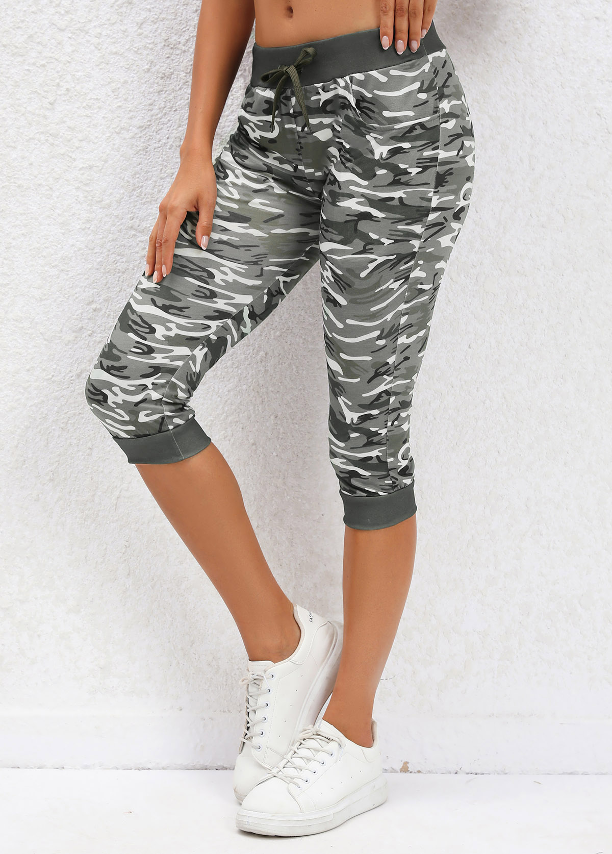 Camouflage Print Sage Green Mid Waisted Drawastring Leggings