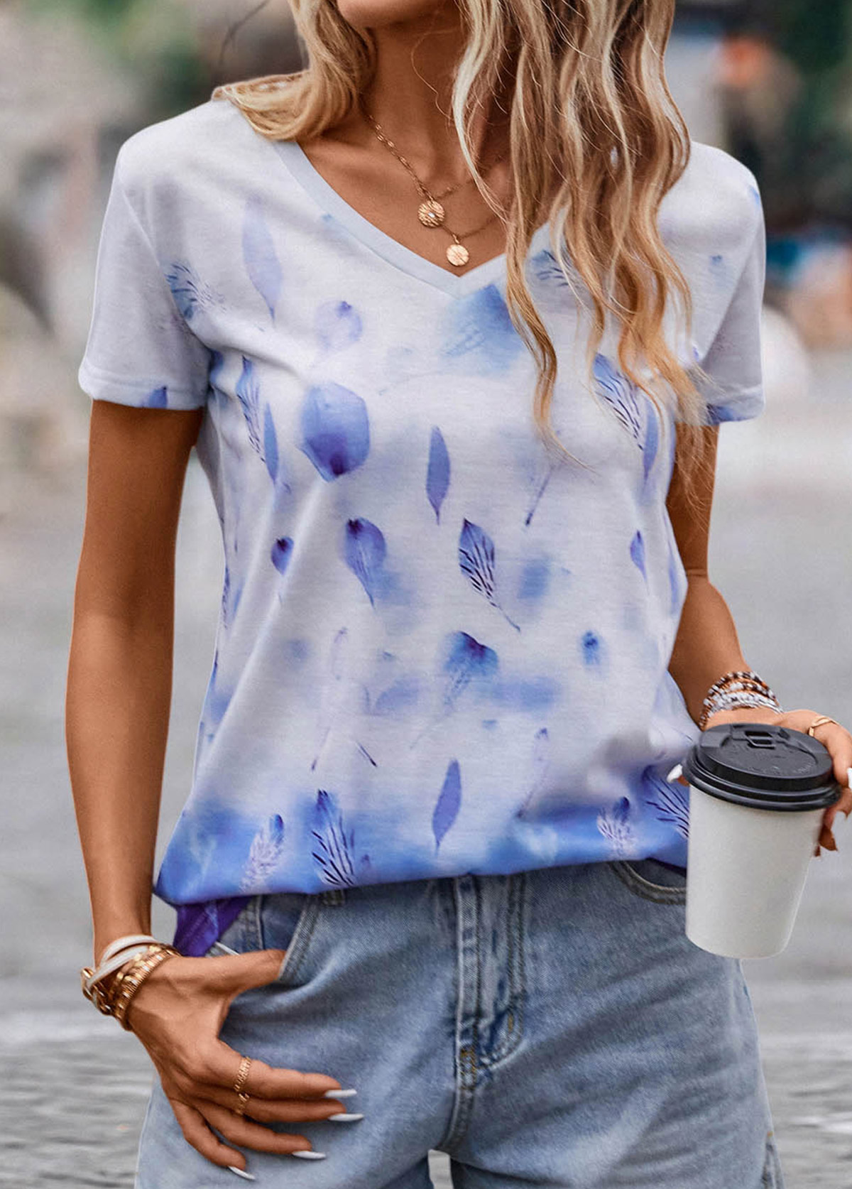 Blue tops,White tops,Plants tops,Ombre tops,Leaf Print Blue V Neck T Shirt