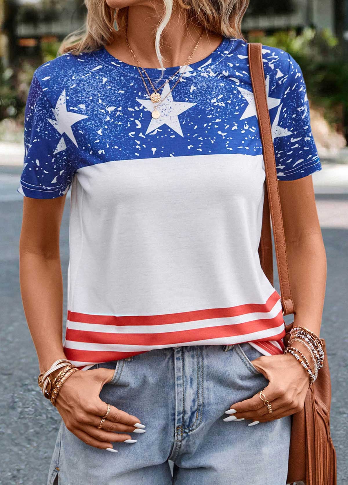 Multi Color tops,Flag tops,Striped tops,Geometric tops,Flag Print Multi Color Round Neck T Shirt