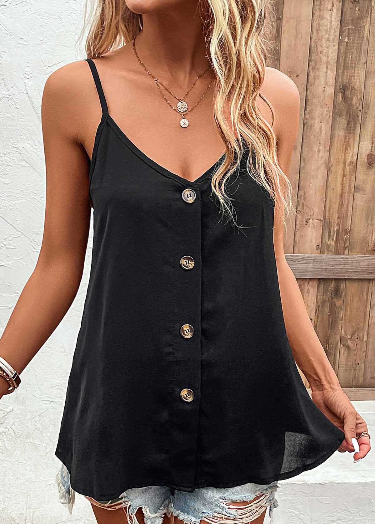 Black tops,Plain Color tops,Button Black V Neck Strappy Camisole Top