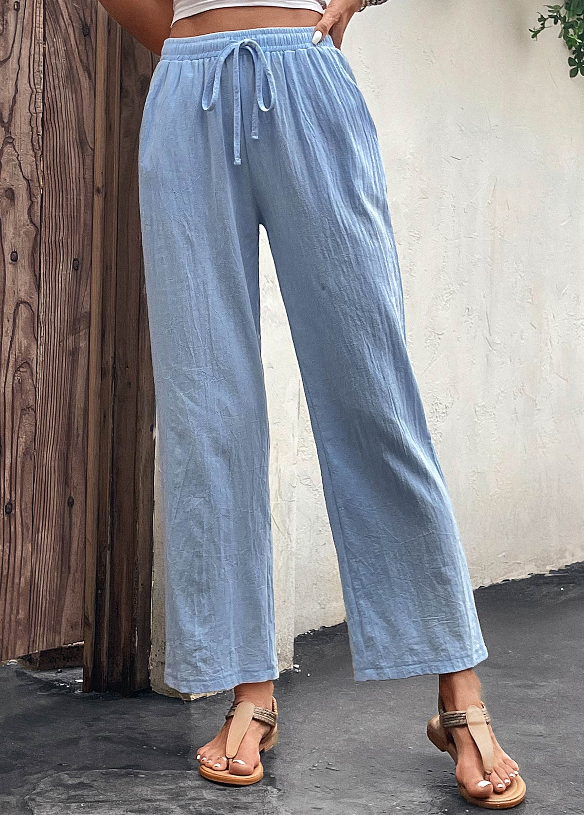 Light Blue bottoms,Plain Color bottoms,Pocket Light Blue Drawastring High Waisted Pants