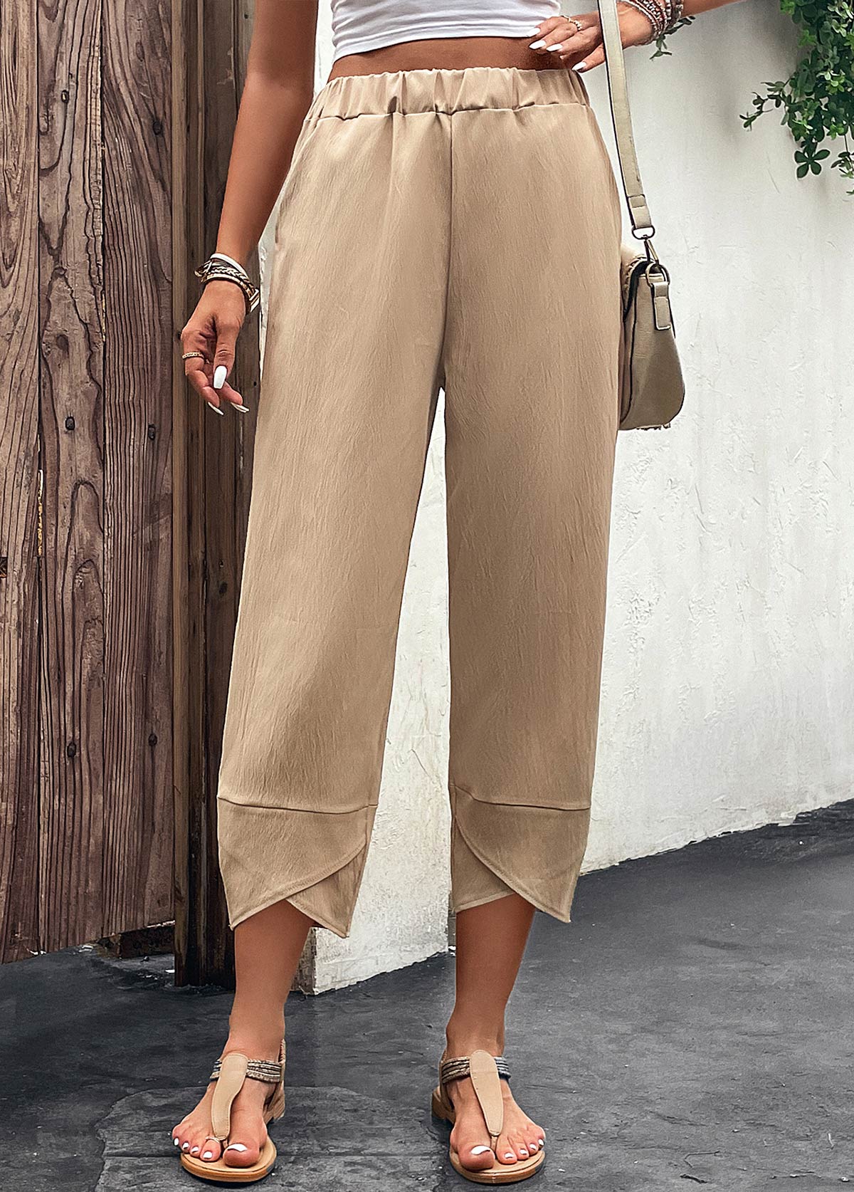 Pantalon Taille Haute Taille Élastique Camel Clair de Poche