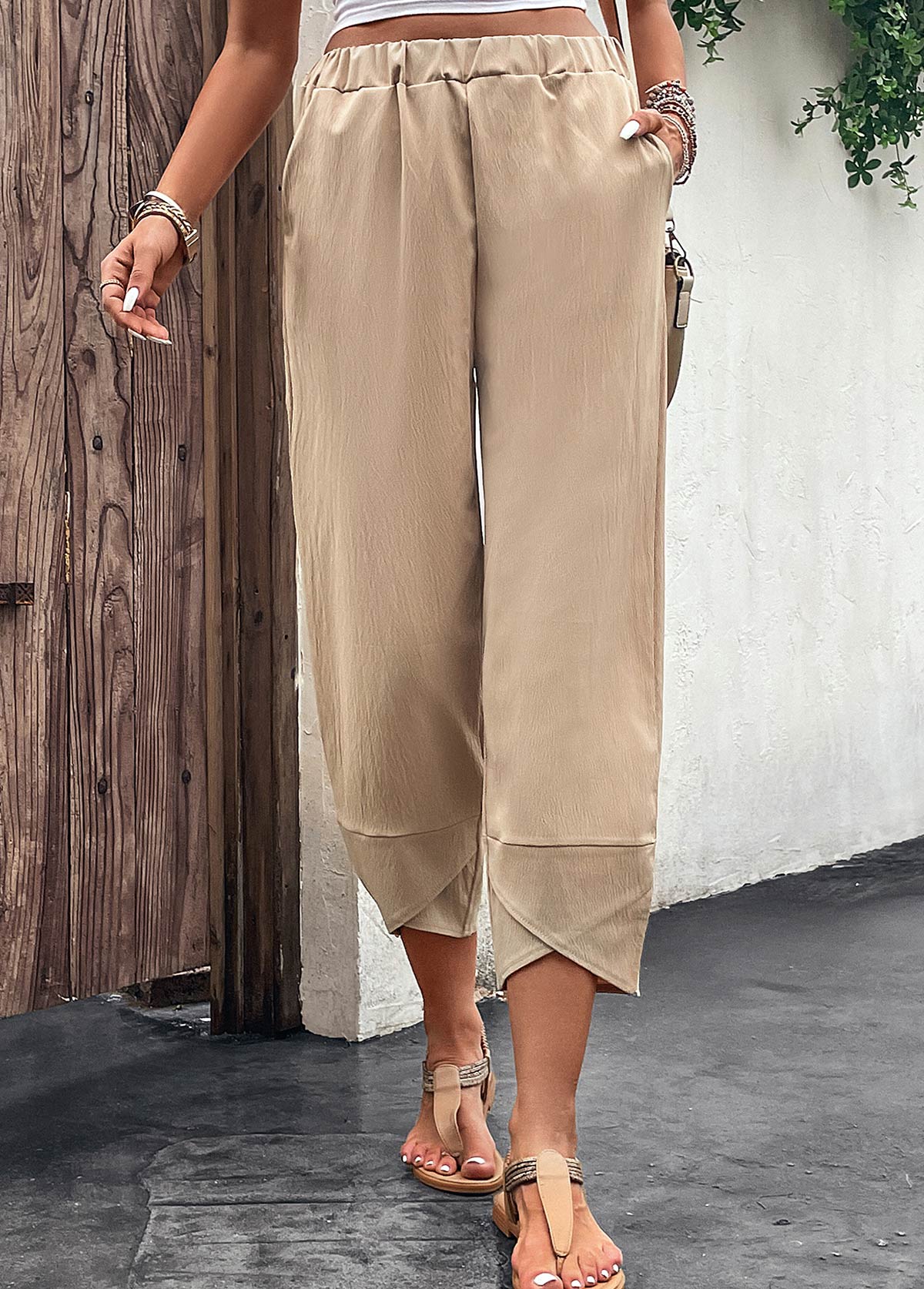 Light Camel bottoms,Plain Color bottoms,Pocket Light Camel Elastic Waist High Waisted Pants