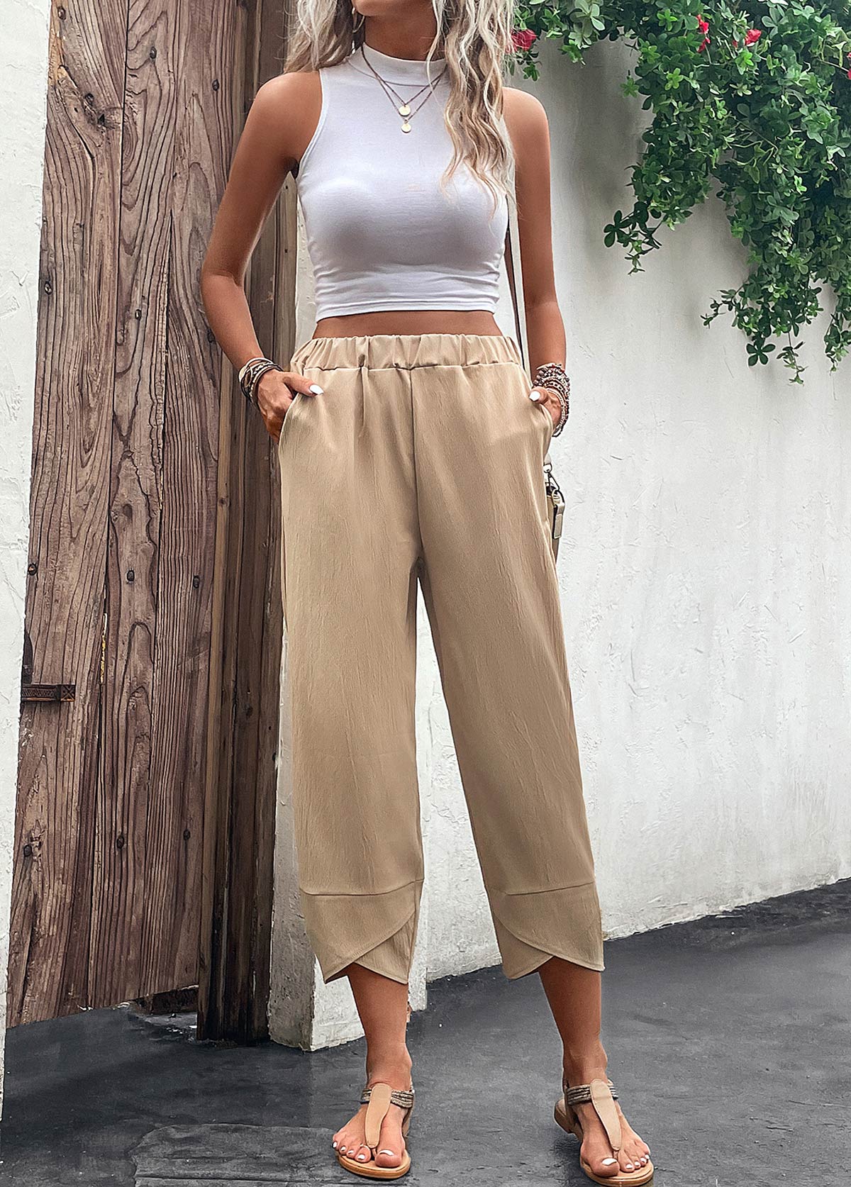 Light Camel bottoms,Plain Color bottoms,Pocket Light Camel Elastic Waist High Waisted Pants