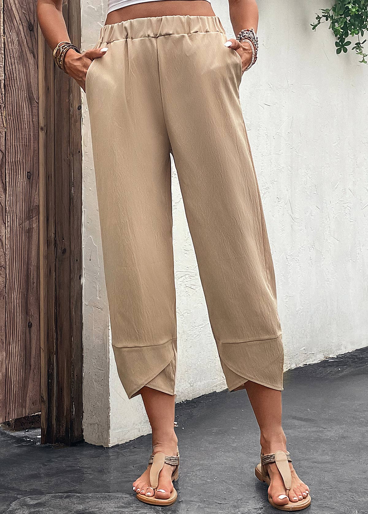 Light Camel bottoms,Plain Color bottoms,Pocket Light Camel Elastic Waist High Waisted Pants