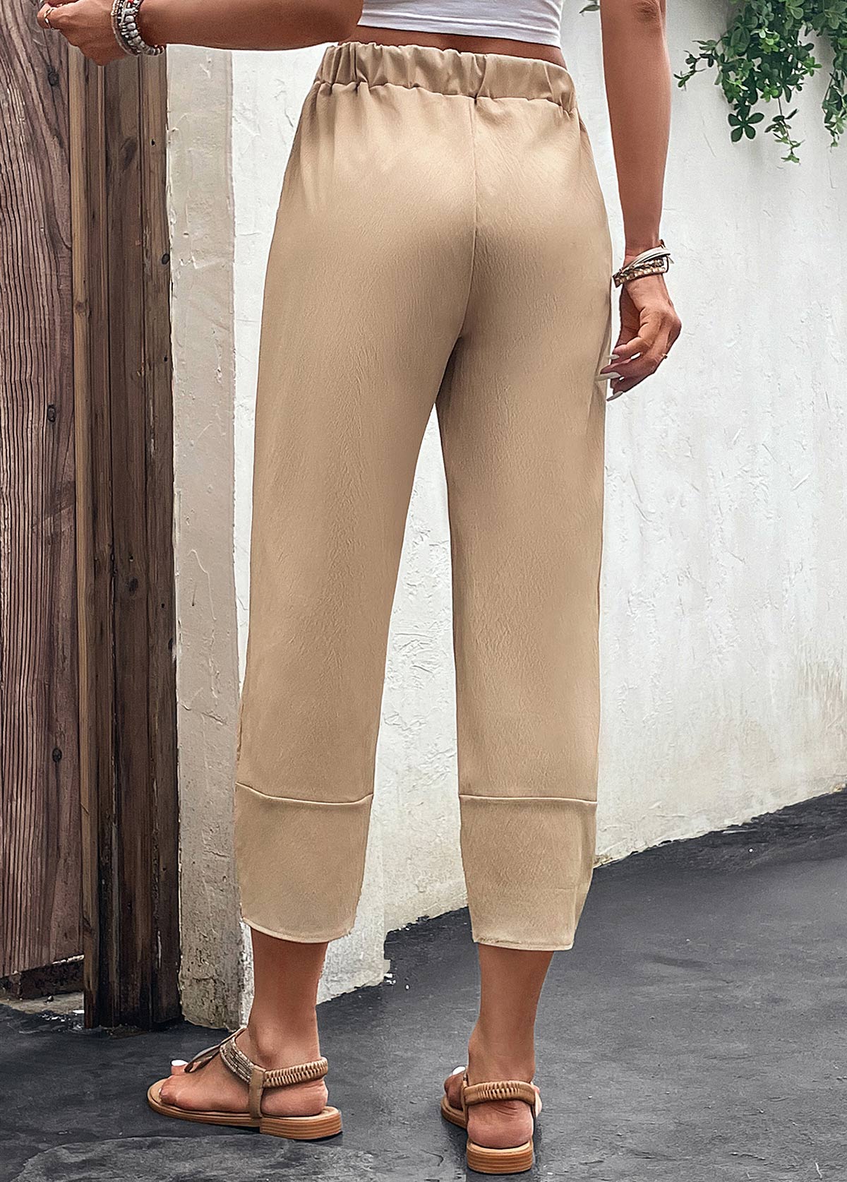 Light Camel bottoms,Plain Color bottoms,Pocket Light Camel Elastic Waist High Waisted Pants