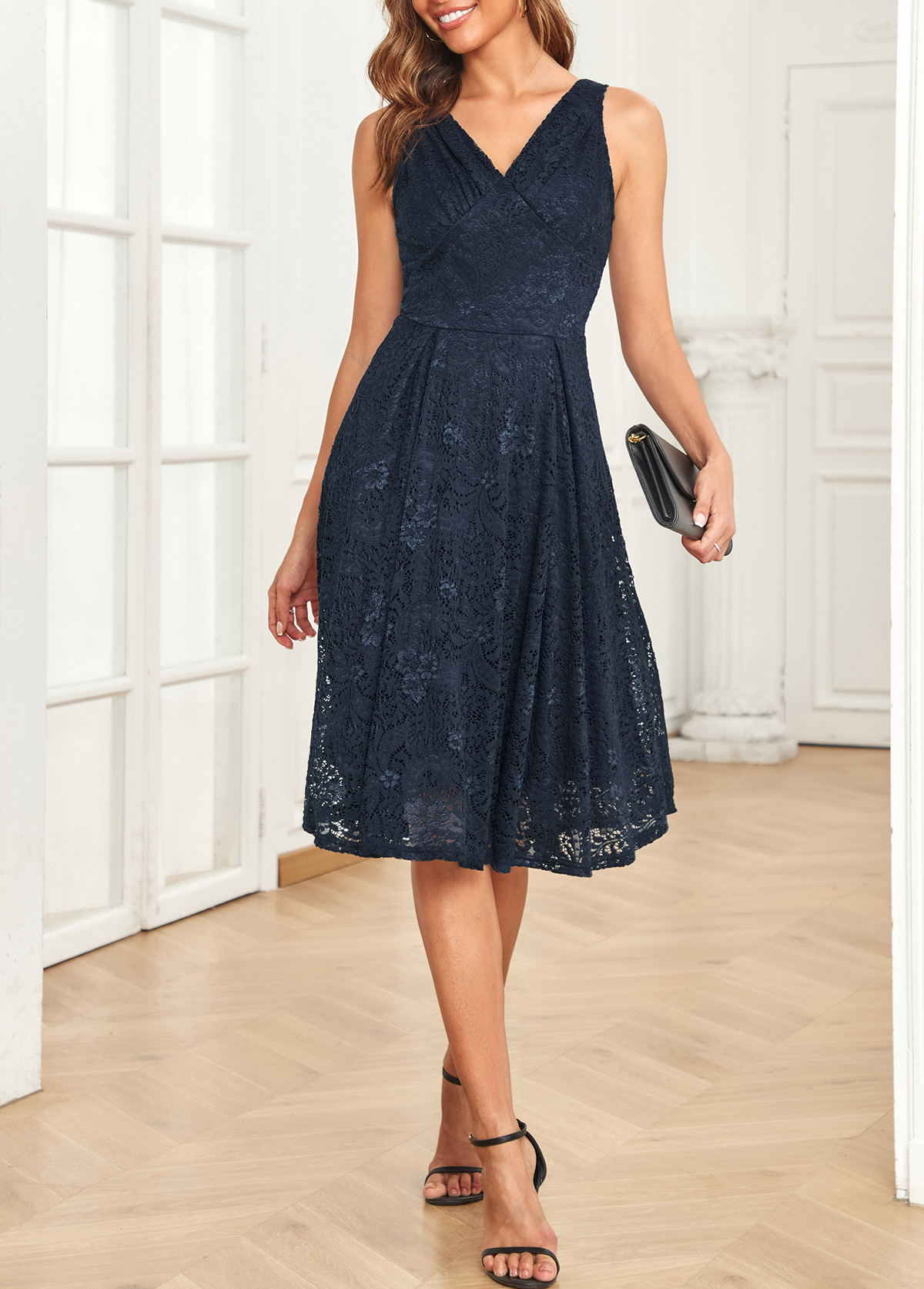 Navy dresses,Plain Color dresses,V Neck Lace Navy Sleeveless Dress