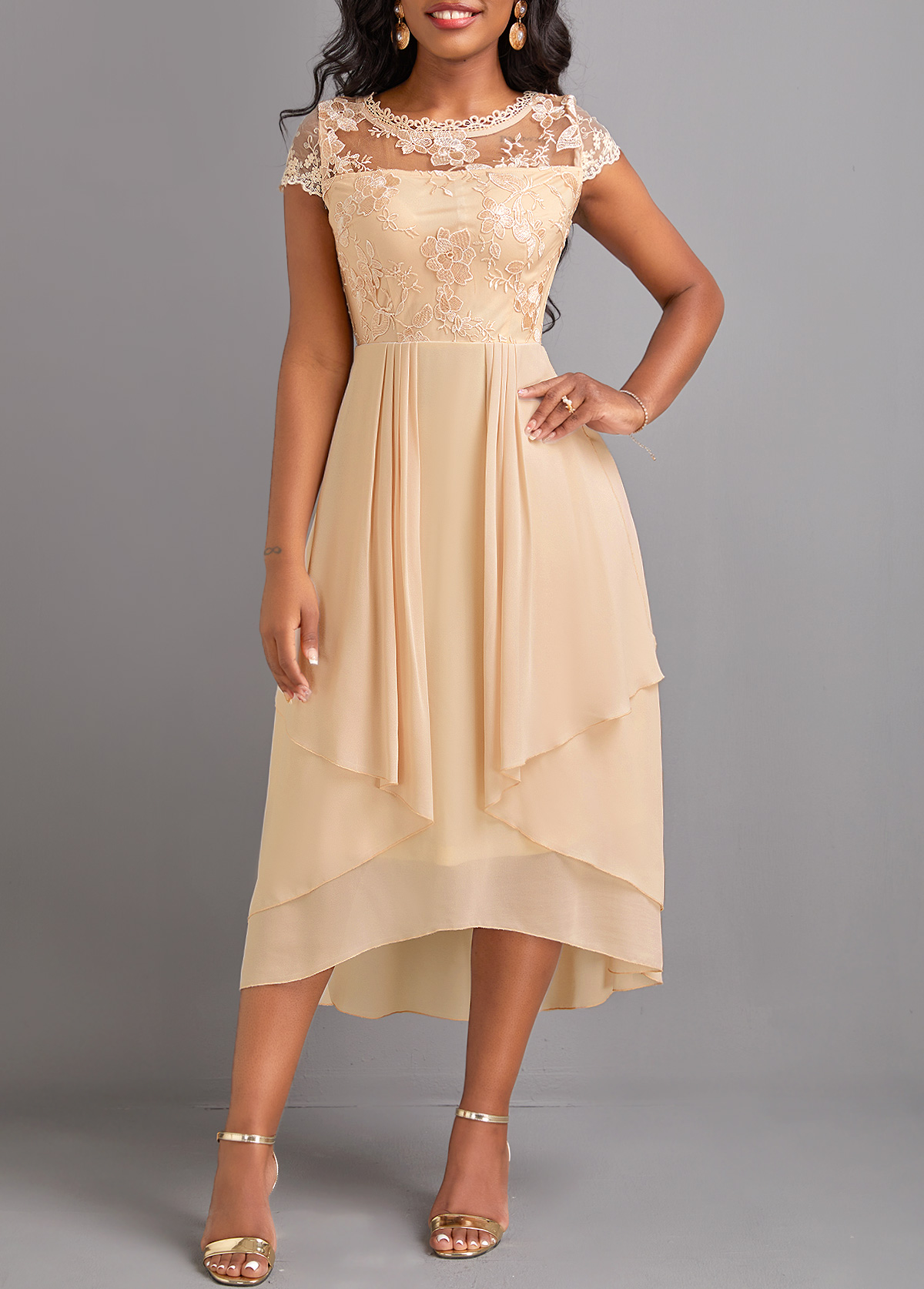 ROTITA Lace Champagne High Low Round Neck Dress