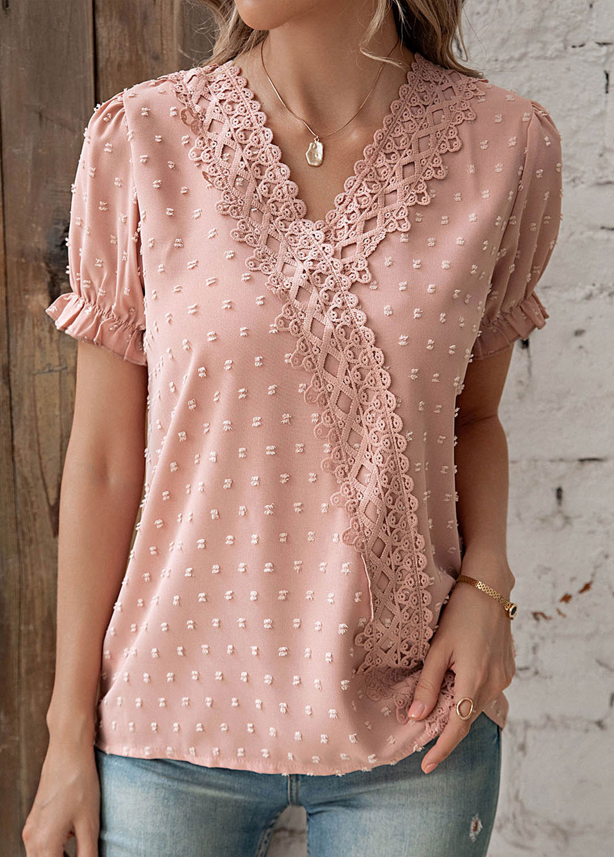 Dusty Pink tops,Plain Color tops,Patchwork Dusty Pink V Neck T Shirt