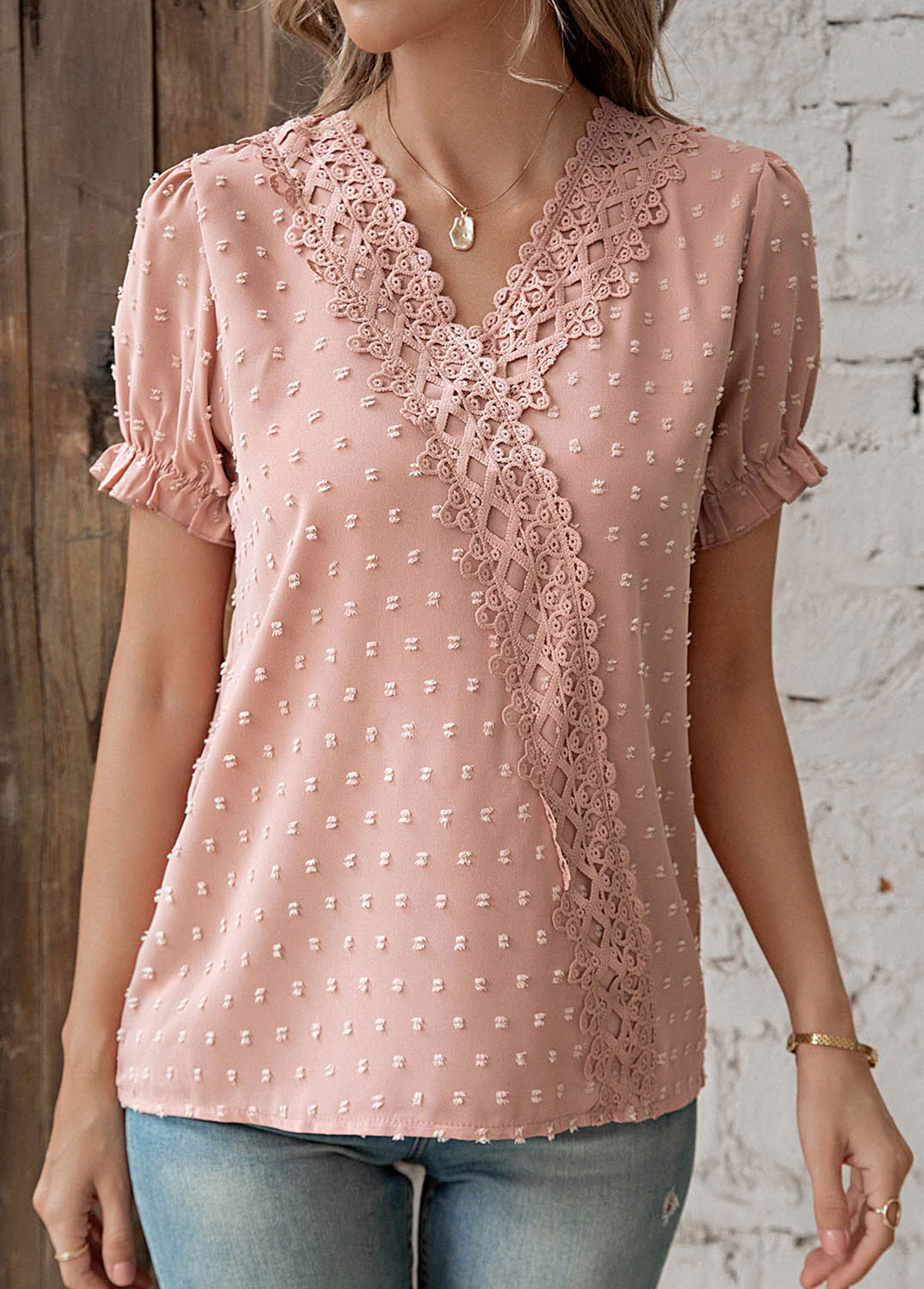 Dusty Pink tops,Plain Color tops,Patchwork Dusty Pink V Neck T Shirt