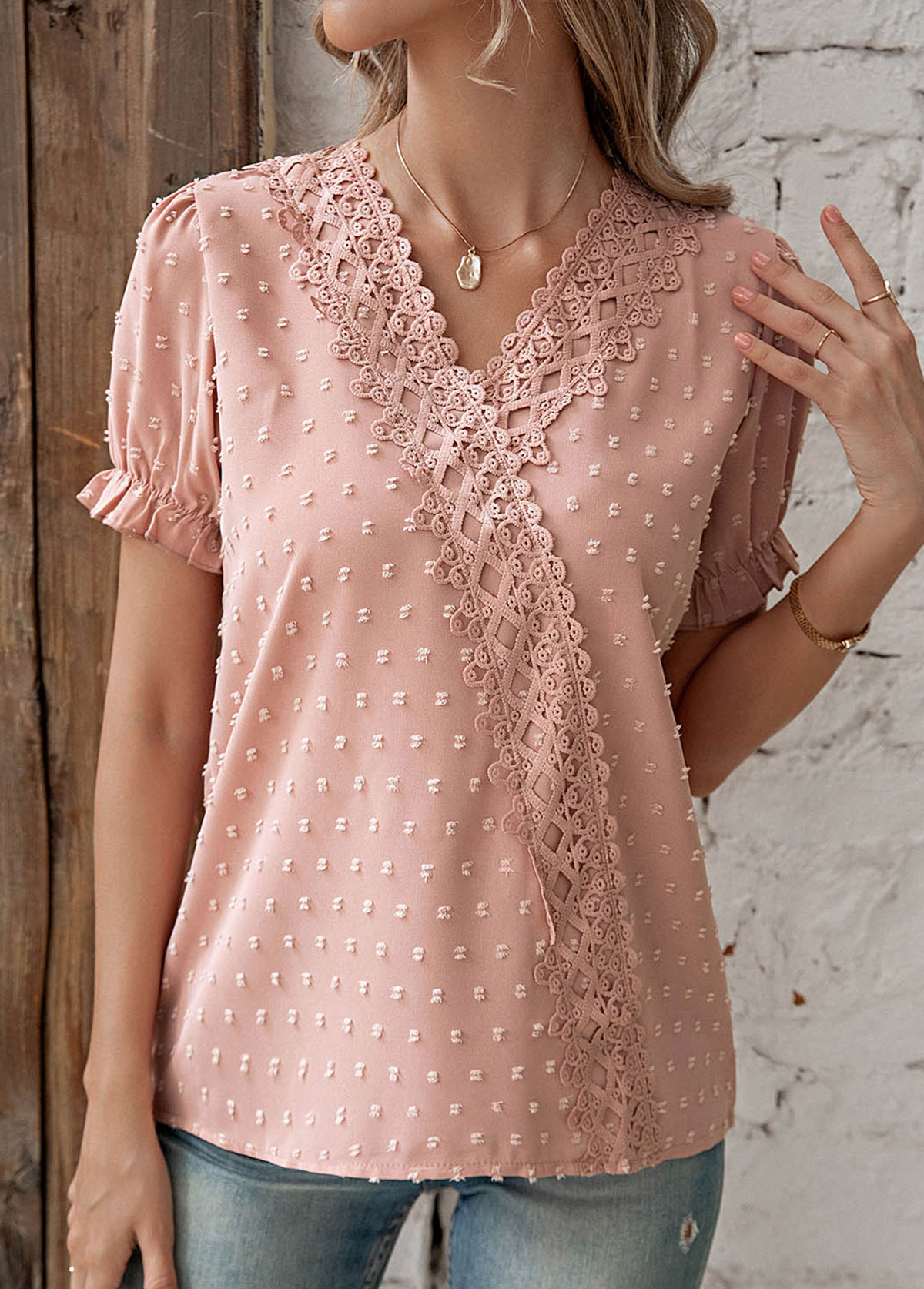 Dusty Pink tops,Plain Color tops,Patchwork Dusty Pink V Neck T Shirt