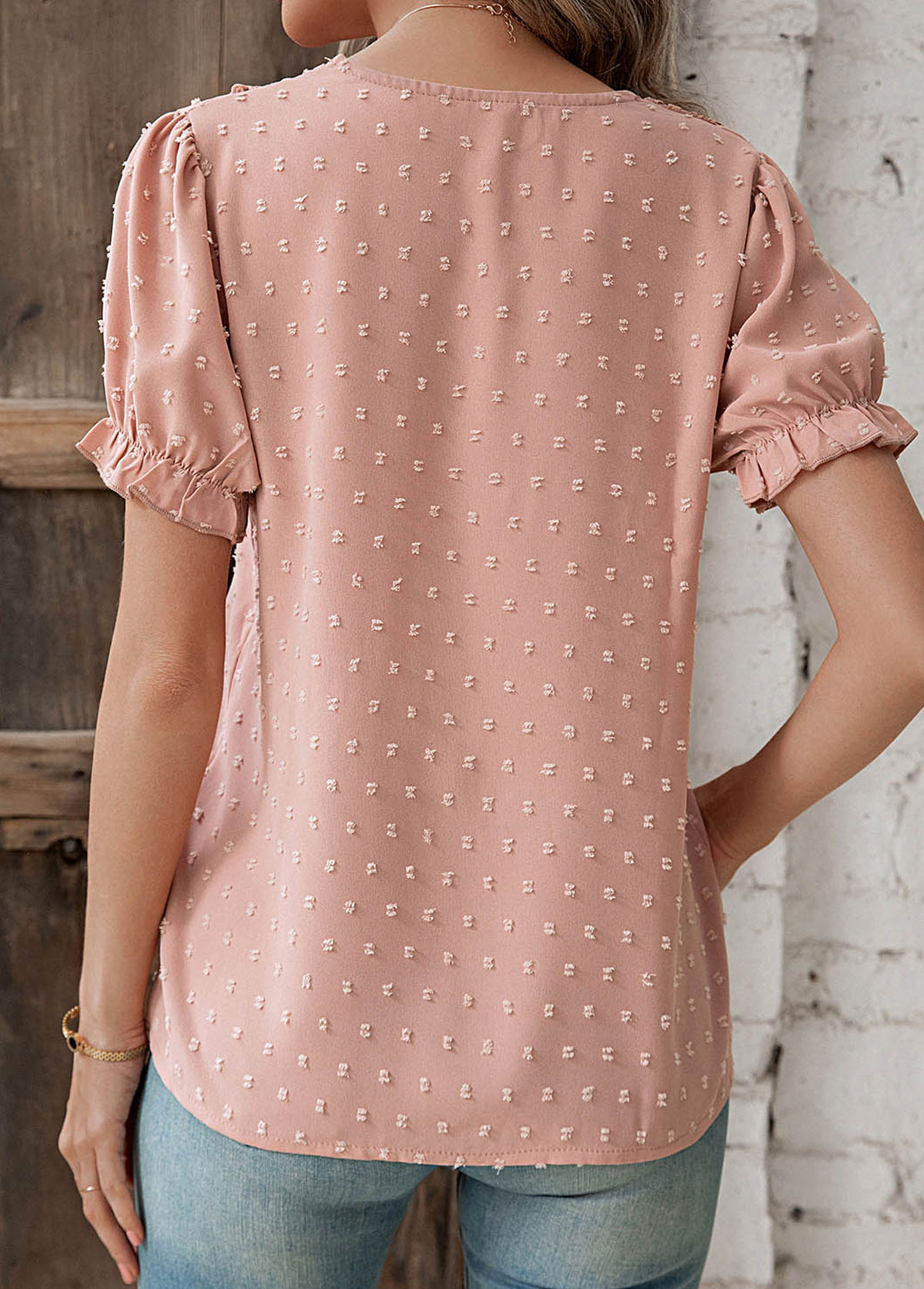 Dusty Pink tops,Plain Color tops,Patchwork Dusty Pink V Neck T Shirt