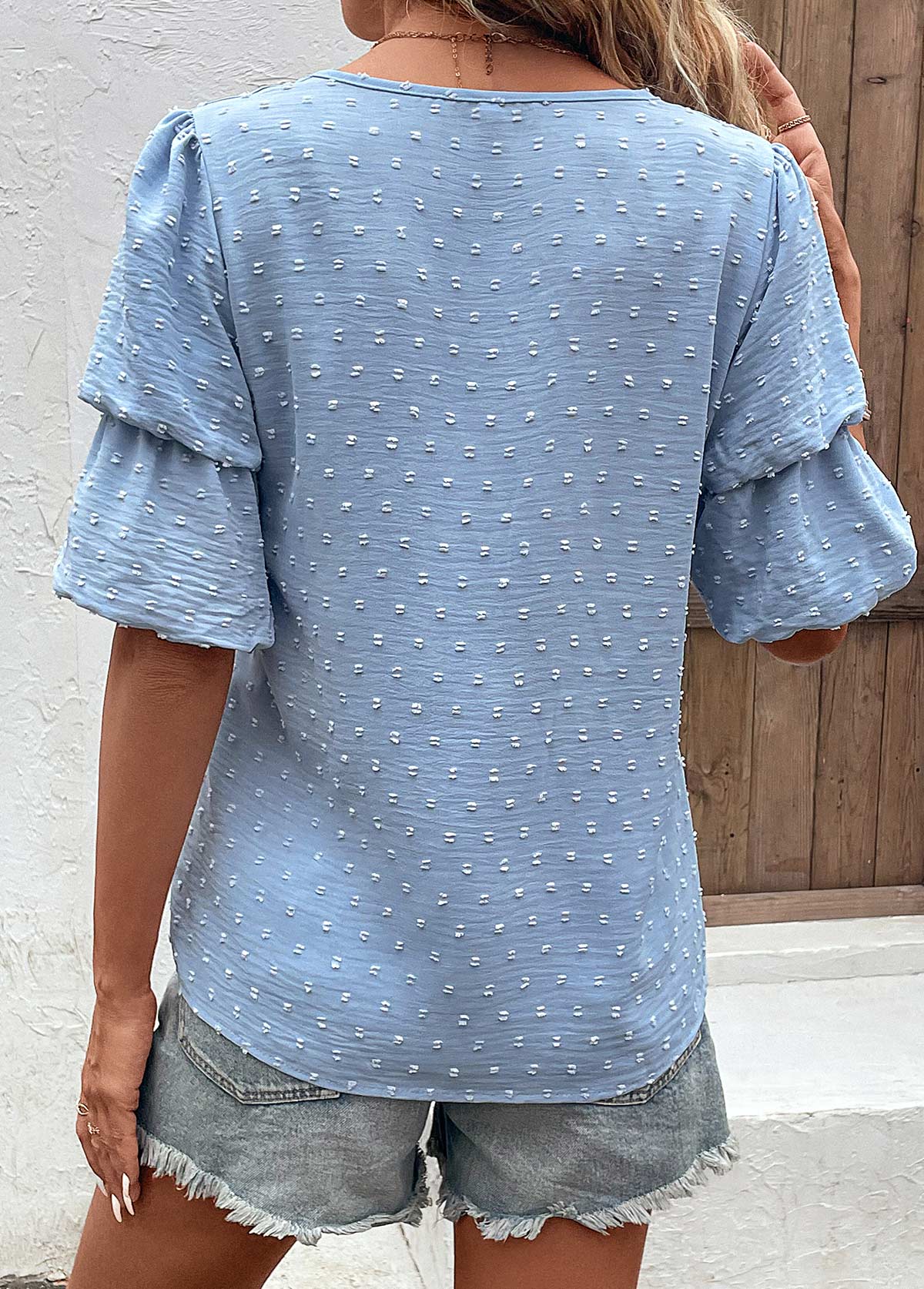 Dusty Blue tops,Plain Color tops,Lightweight Dusty Blue V Neck Half Sleeve Blouse