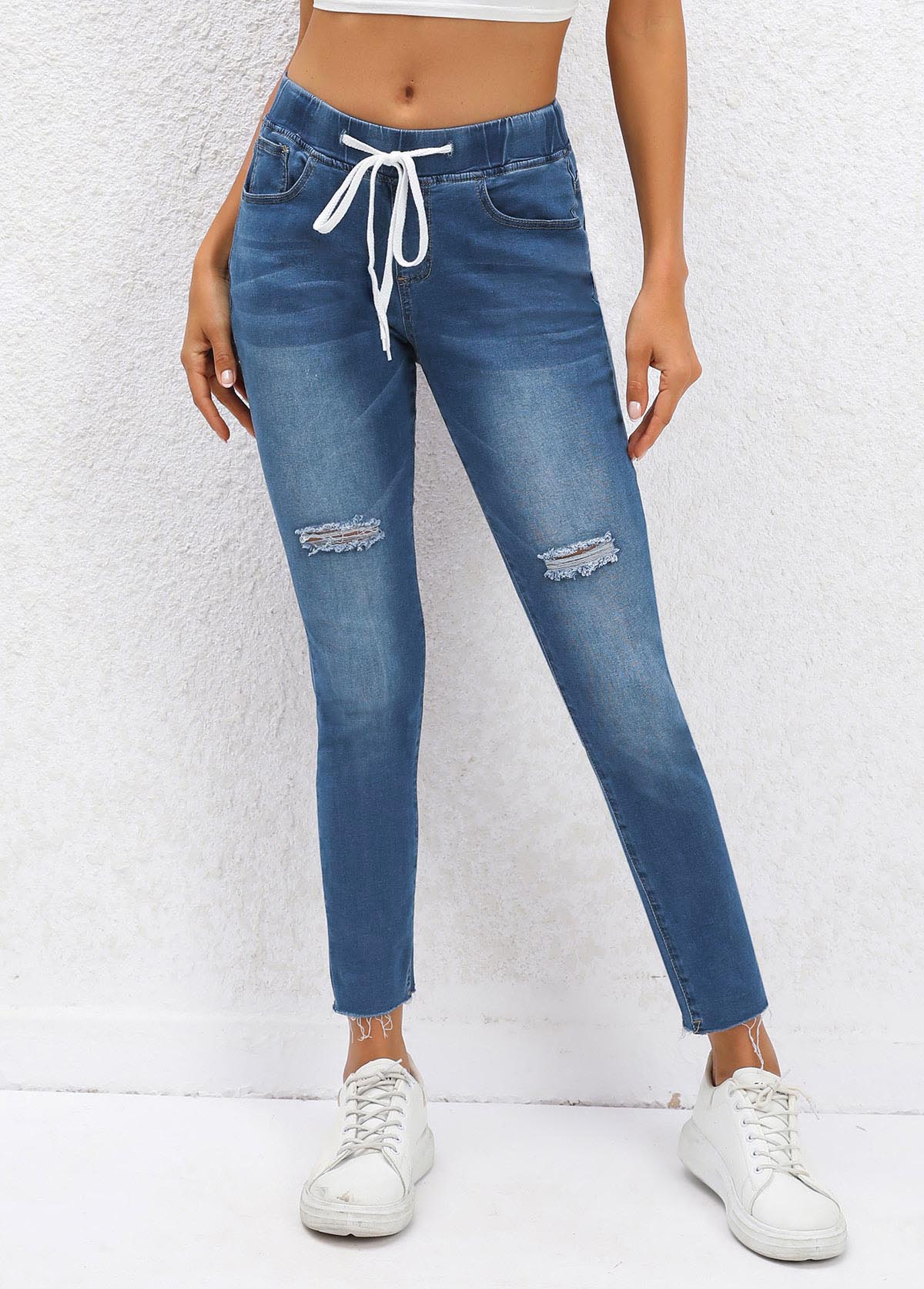 Jean skinny taille mi-haute à cordon de serrage bleu foncé Pocket