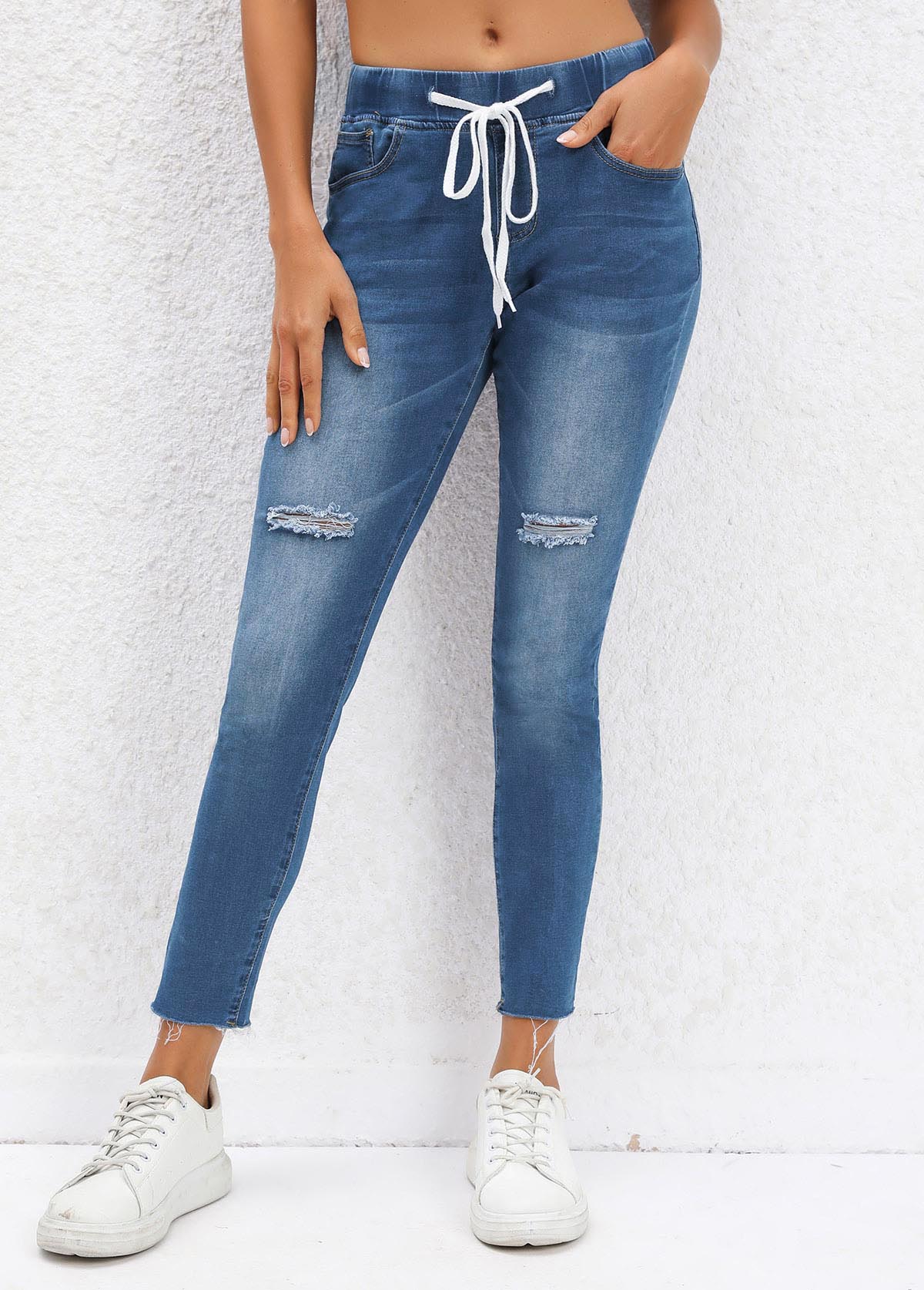 Dark Blue bottoms,Plain Color bottoms,Pocket Dark Blue Skinny Drawastring Mid Waisted Jeans