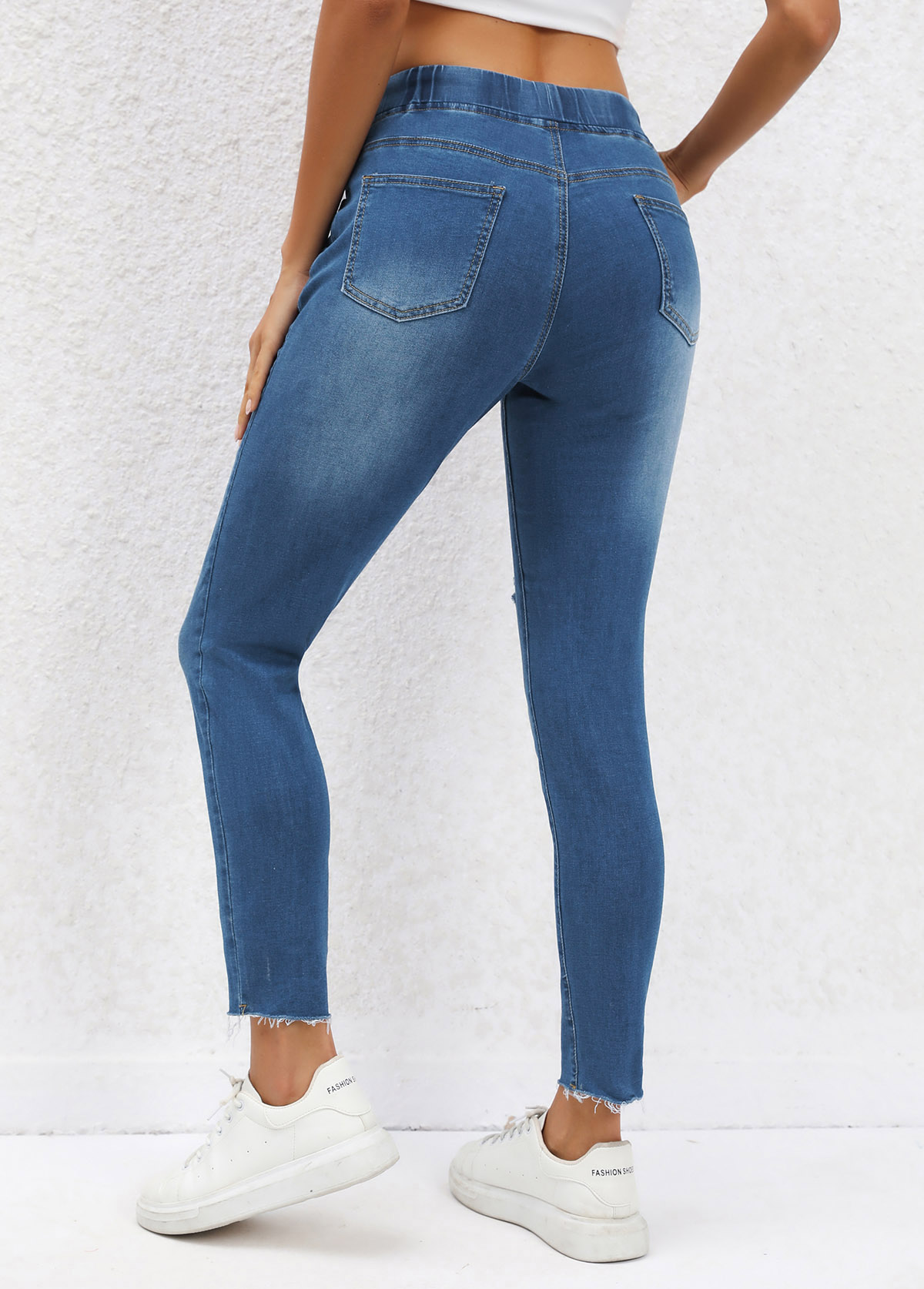 Dark Blue bottoms,Plain Color bottoms,Pocket Dark Blue Skinny Drawastring Mid Waisted Jeans