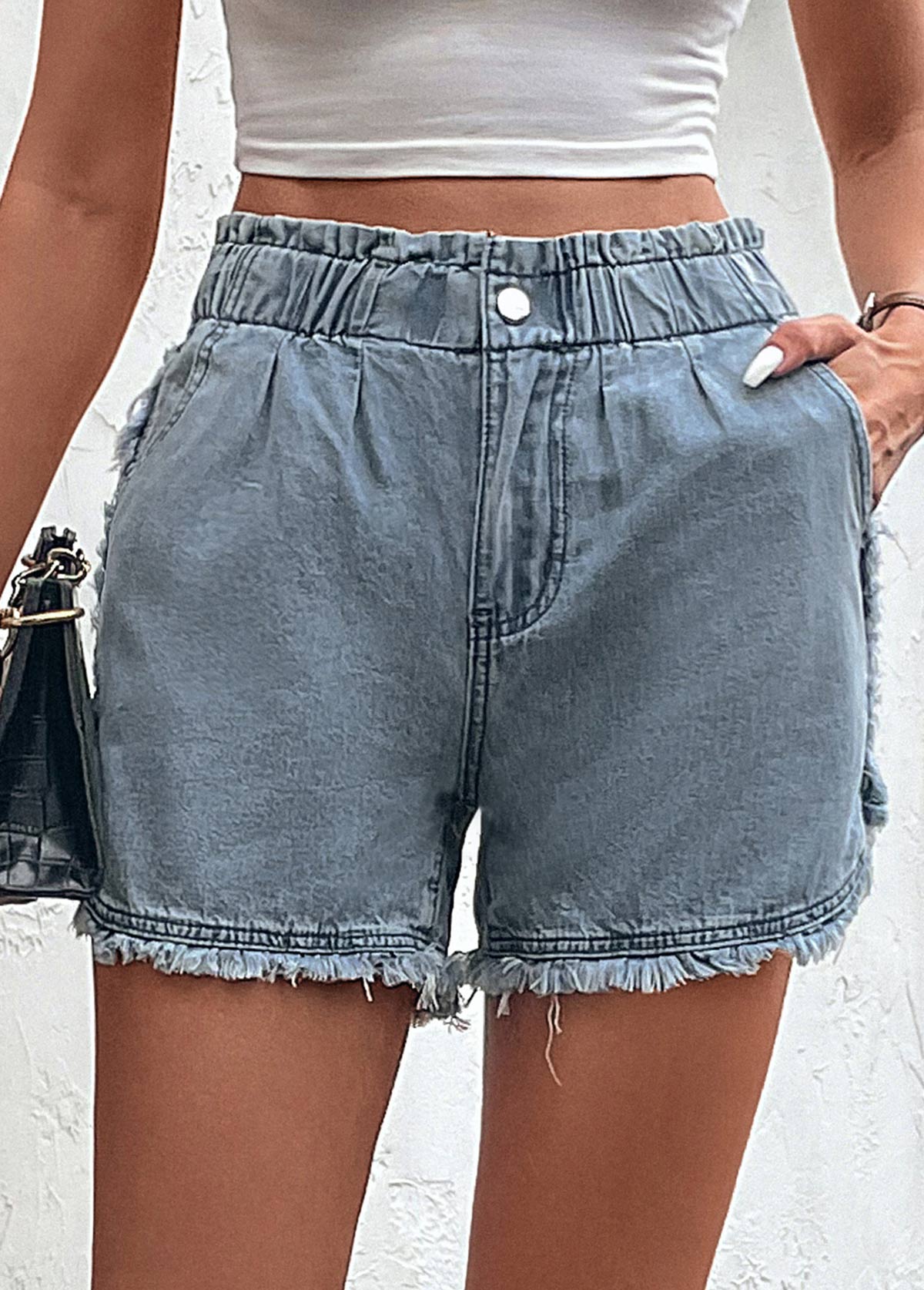 Pocket Blue Button Fly High Waisted Denim Shorts