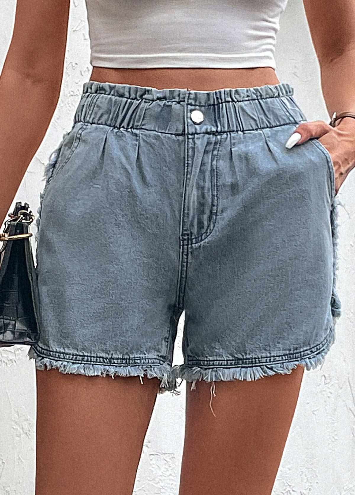 Blue bottoms,Plain Color bottoms,Pocket Blue Button Fly High Waisted Denim Shorts