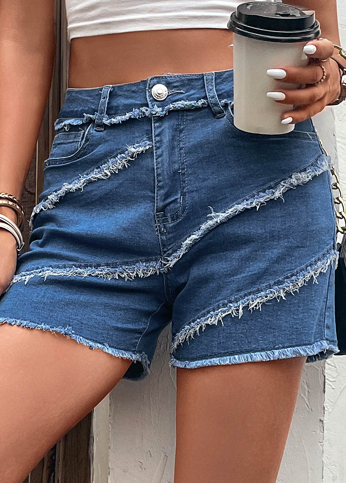 Denim Blue bottoms,Plain Color bottoms,Pocket Regular Button Fly Denim Shorts