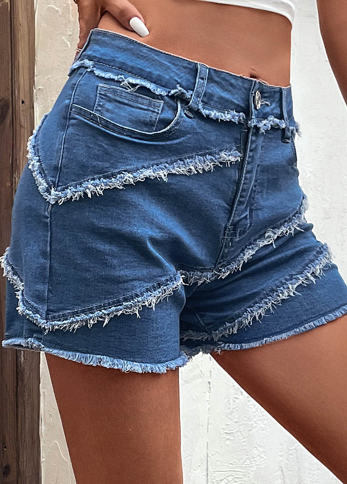 Denim Blue bottoms,Plain Color bottoms,Pocket Regular Button Fly Denim Shorts