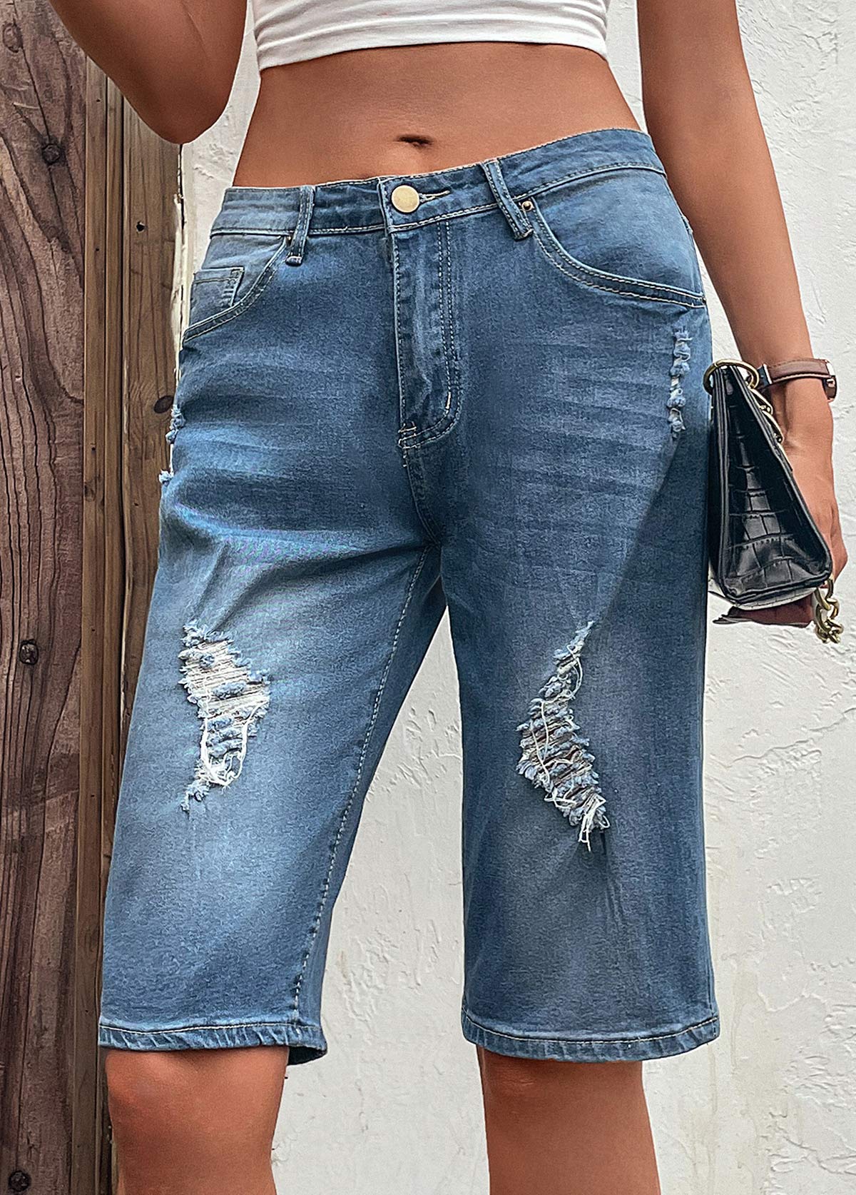 Hole Short en jean bleu foncé avec braguette boutonnée