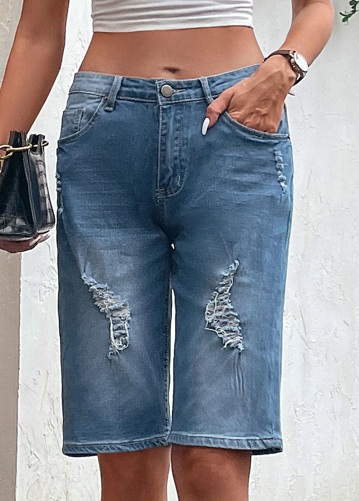 Dark Blue bottoms,Plain Color bottoms,Hole Dark Blue Button Fly Denim Shorts