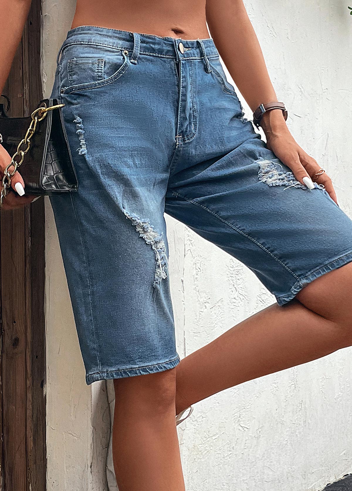 Dark Blue bottoms,Plain Color bottoms,Hole Dark Blue Button Fly Denim Shorts