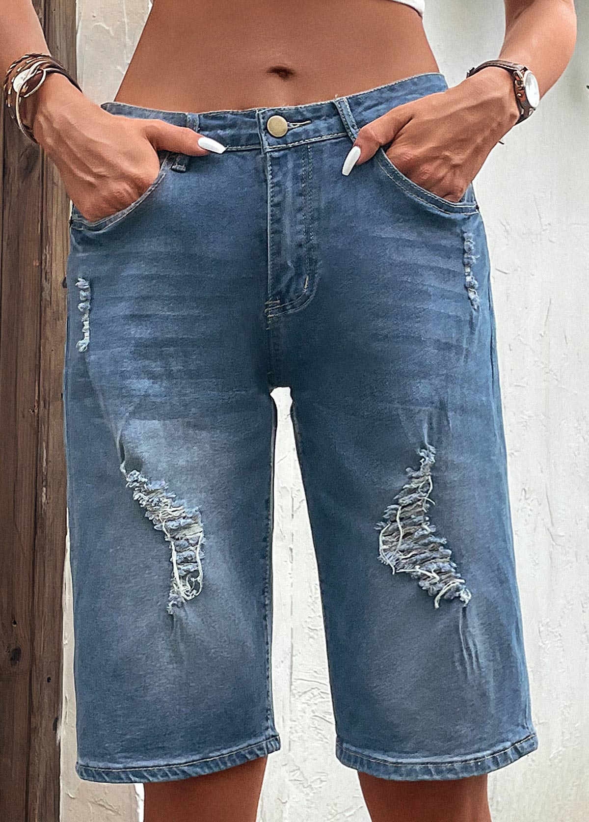 Dark Blue bottoms,Plain Color bottoms,Hole Dark Blue Button Fly Denim Shorts