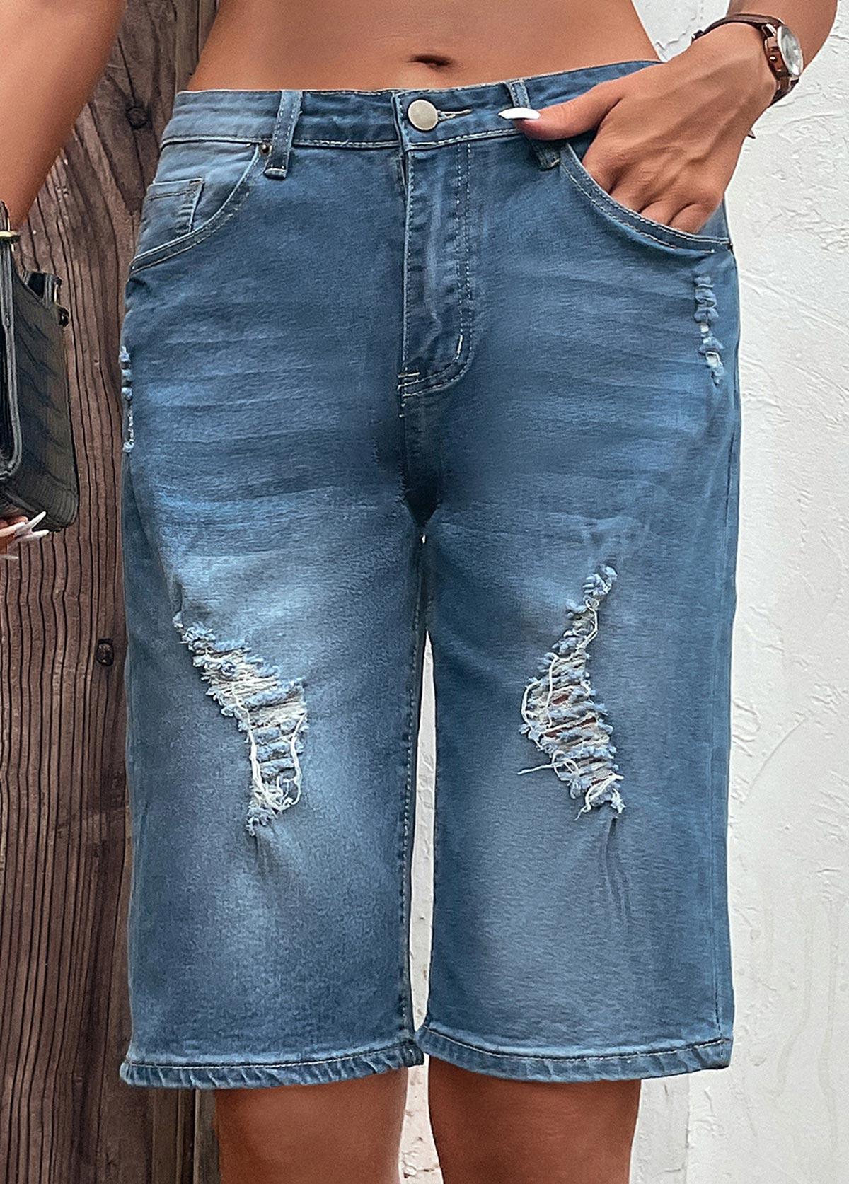 Dark Blue bottoms,Plain Color bottoms,Hole Dark Blue Button Fly Denim Shorts