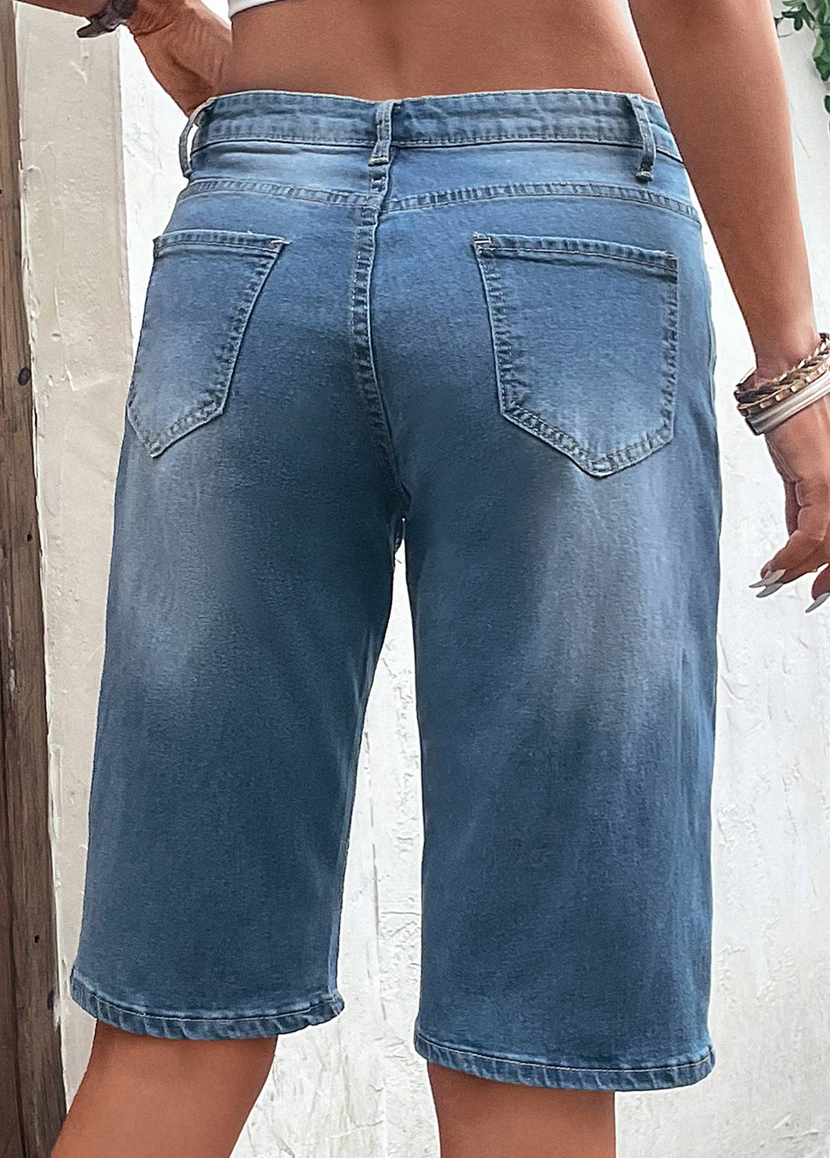 Dark Blue bottoms,Plain Color bottoms,Hole Dark Blue Button Fly Denim Shorts