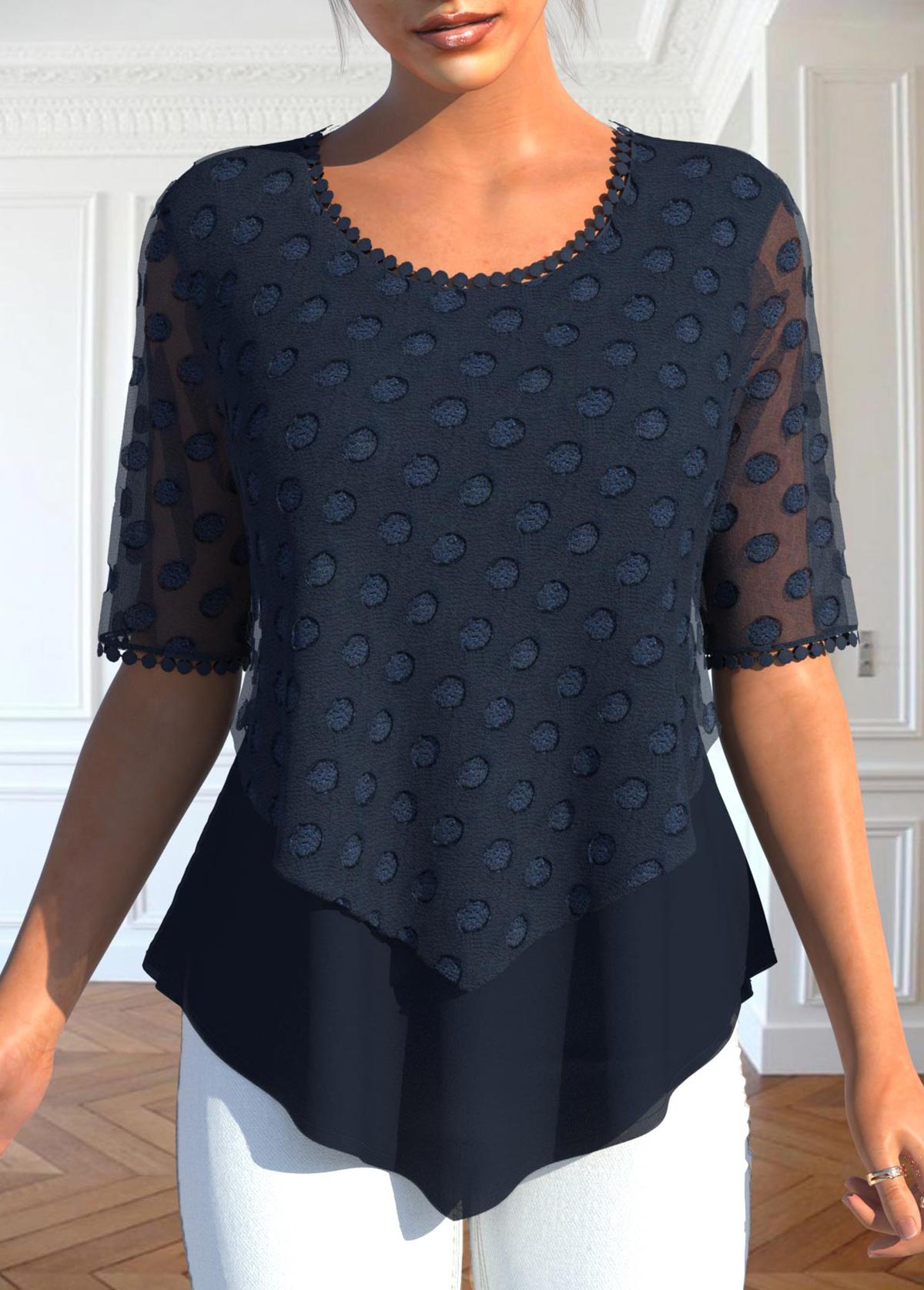 Navy tops,Plain Color tops,ROTITA Layered Navy V Neck Fake Two Piece Twinset